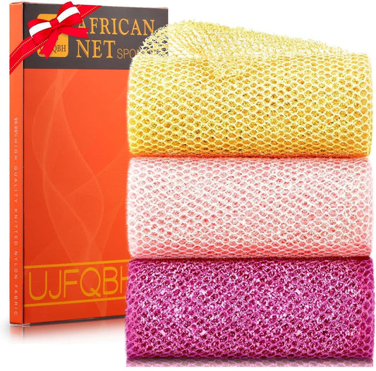 3 Piece Bright Style African exfoliating net Exfoliating Shower Set Long Bath Sponges for Smooth, Refreshed Skin, The Exterior Gleams - Ideal for Daily Use (Bright Yellow, Pink, Purple)