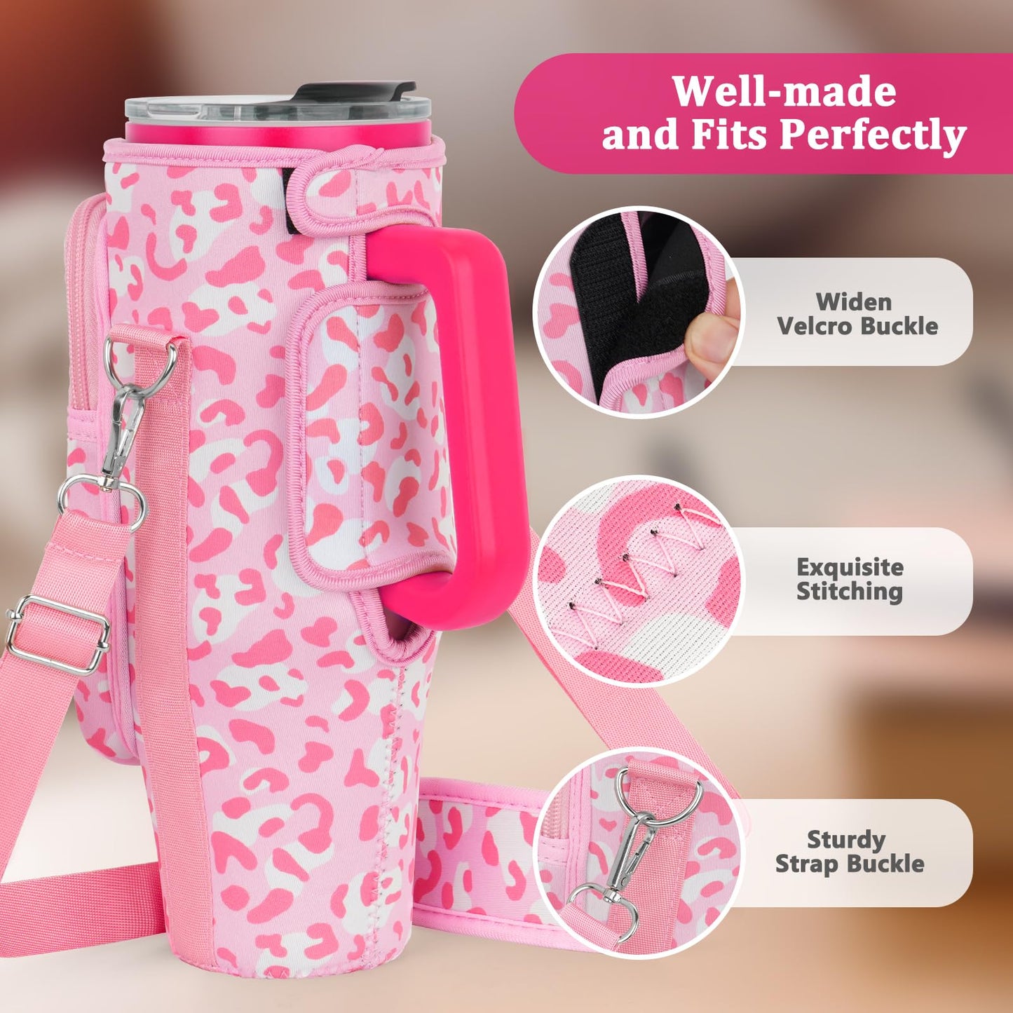 Water Bottle Carrier Bag with Phone Pocket Compatible with Stanley/Meoky 40 oz Tumbler with Handle,Neoprene Water Bottle Holder Pouch with Adjustable Strap Compatible with Stanley Cup Accessories