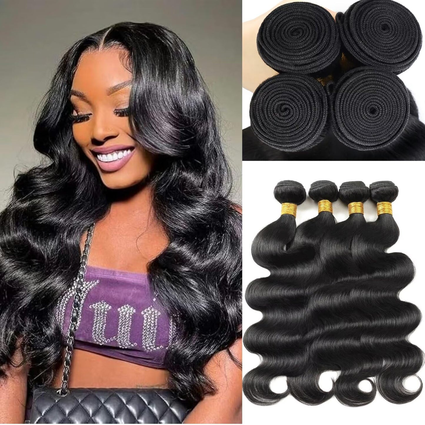 12A Human Hair Bundles10 12 14 16 Inch Body Wave Bundles Human Hair 100% Unprocessed Brazilian Virgin Weave Bundles 4 Bundles Real Natural Black Wavy Human Hair Extensions 1B Bundles for Women