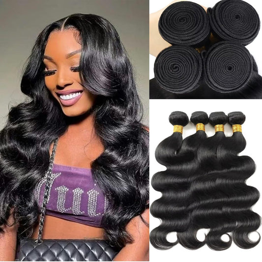 12A Human Hair Bundles10 12 14 16 Inch Body Wave Bundles Human Hair 100% Unprocessed Brazilian Virgin Weave Bundles 4 Bundles Real Natural Black Wavy Human Hair Extensions 1B Bundles for Women