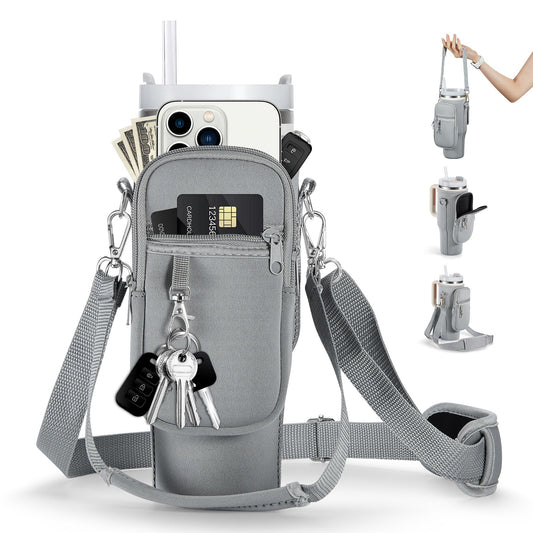 linmaya Water Bottle Carrier Bag with Phone Pocket for Stanley Cup 40/30oz,Insulated Neoprene Water Bottle Holder Cross-boday Bag with Adjustable Shoulder & Handheld Strap Stanley Cup Accessories