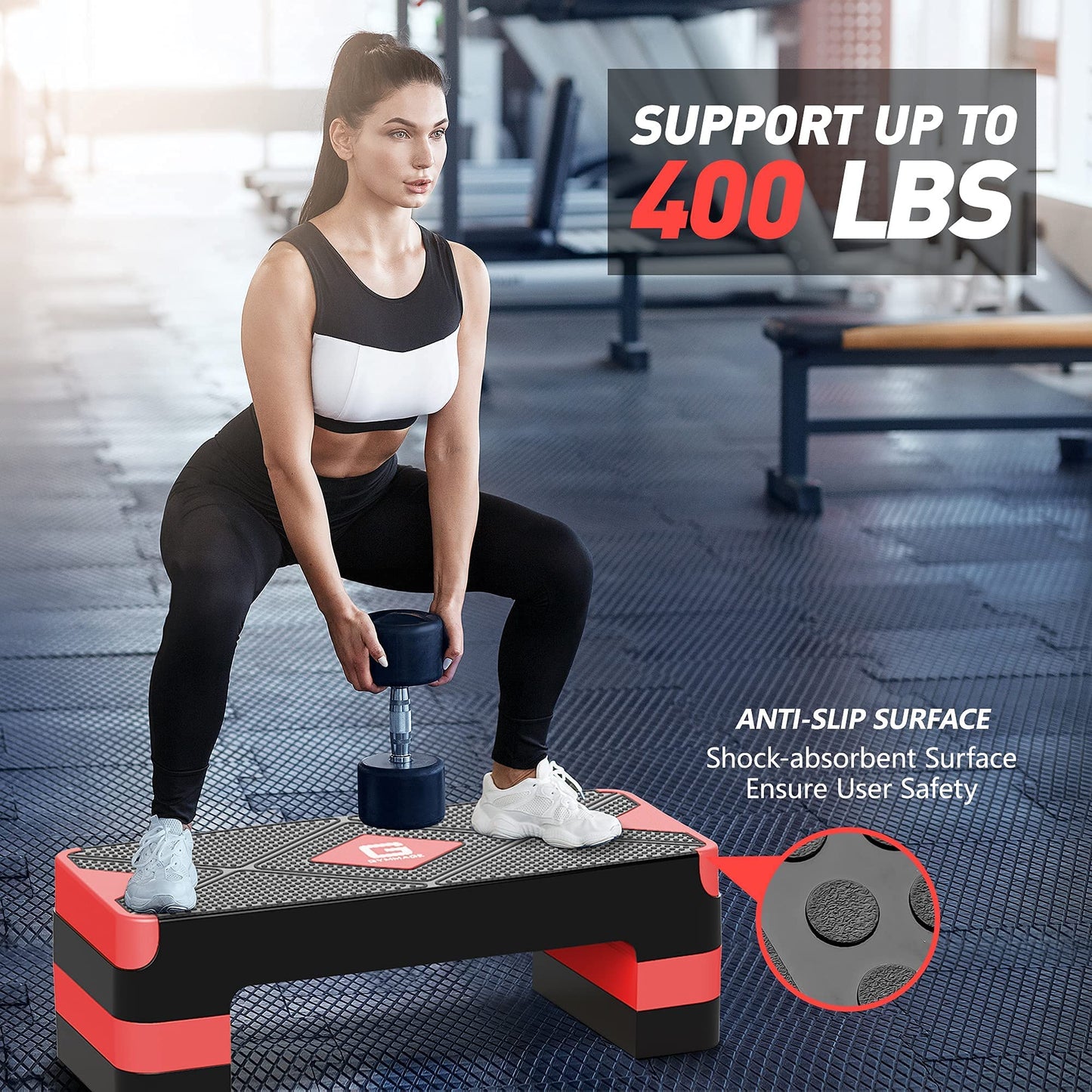 GYMMAGE Aerobic Exercise Step, Adjustable Aerobic Stepper for Exercise, Workout Step Platform for Step Up, 26.5" Step Deck with 4” 6” 8” Adjustable Height Risers, Women Home Gym Cardio Fitness