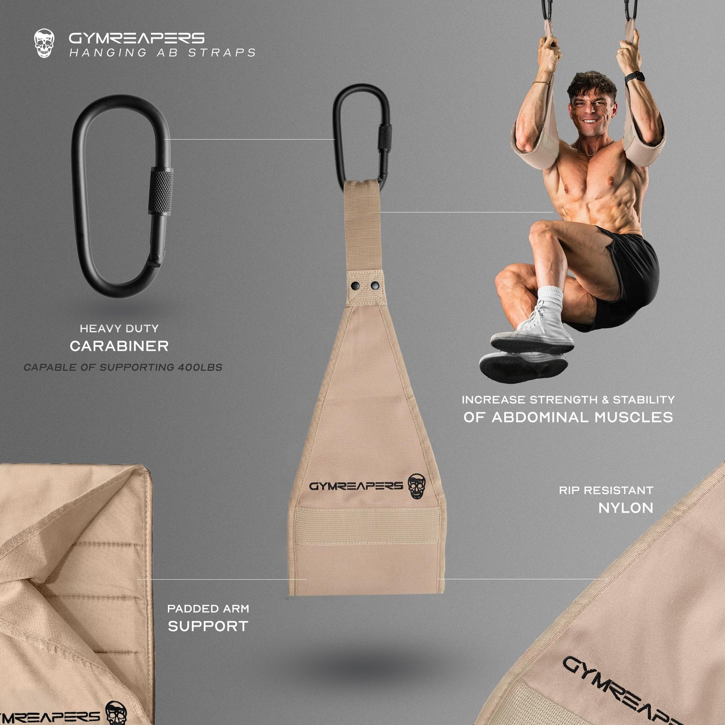 Gymreapers Hanging Ab Straps For Core Strength and Abdominal Training - Padded Adjustable Arm Supports For Bodyweight Exercises (Tan)