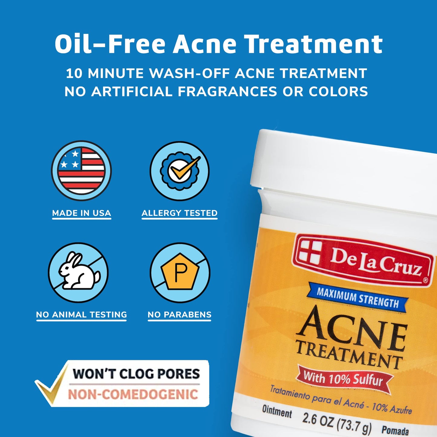 De La Cruz 10% Sulfur Ointment - Cystic Acne Treatment for Face and Body - Daily 10 Min Spot Treatment Mask Safe and Effective Game Changing Hormonal Acne Treatment that Clears Up Pimples 2.6oz 6 Pack