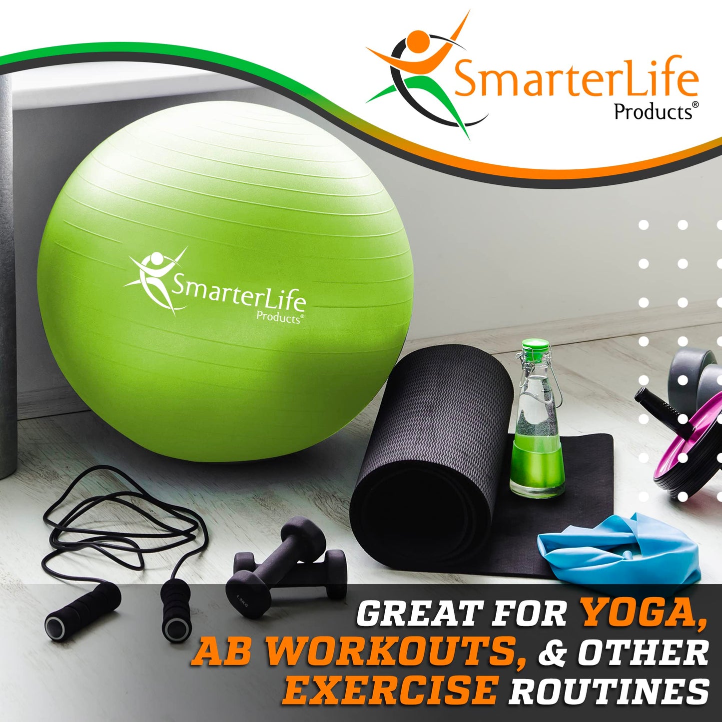 SmarterLife Workout Exercise Ball for Fitness, Yoga, Balance, Stability, or Birthing, Great as Yoga Ball Chair for Office or Exercise Gym Equipment for Home, Non-Slip Design (45 cm, Lime)