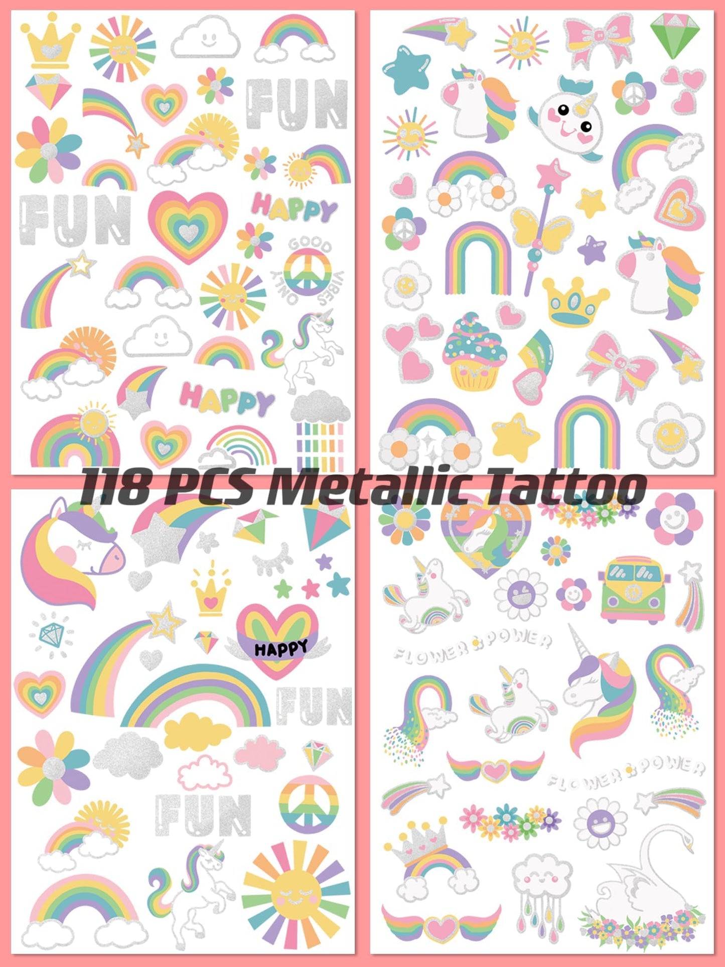 118 PCS Unicorn Rainbow Temporary Tattoo Kids, Glitter Crown Fake Tattoo for Girls’ Party Favors Birthday Supplies Decorations, Princess Tattoos Sticker for Kids 6 7 8 9 10 year