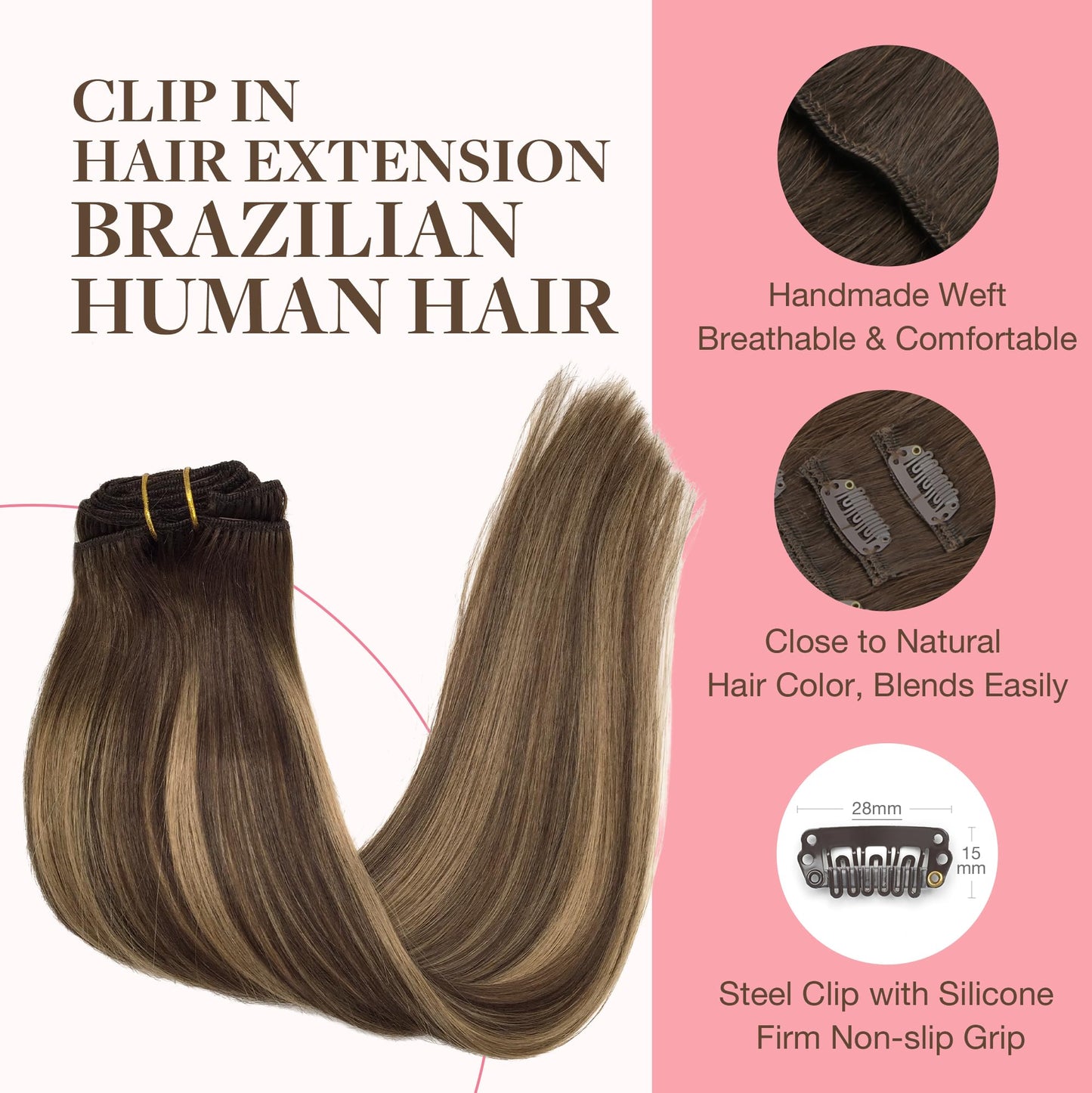 GOO GOO Clip in Hair Extensions Real Human Hair, Remy Human Hair Extensions Clip ins for Women, Natural Human Hair, 16inch 120g 7Pcs, 4/27/4 Balayage Chocolate Brown to Caramel Blonde