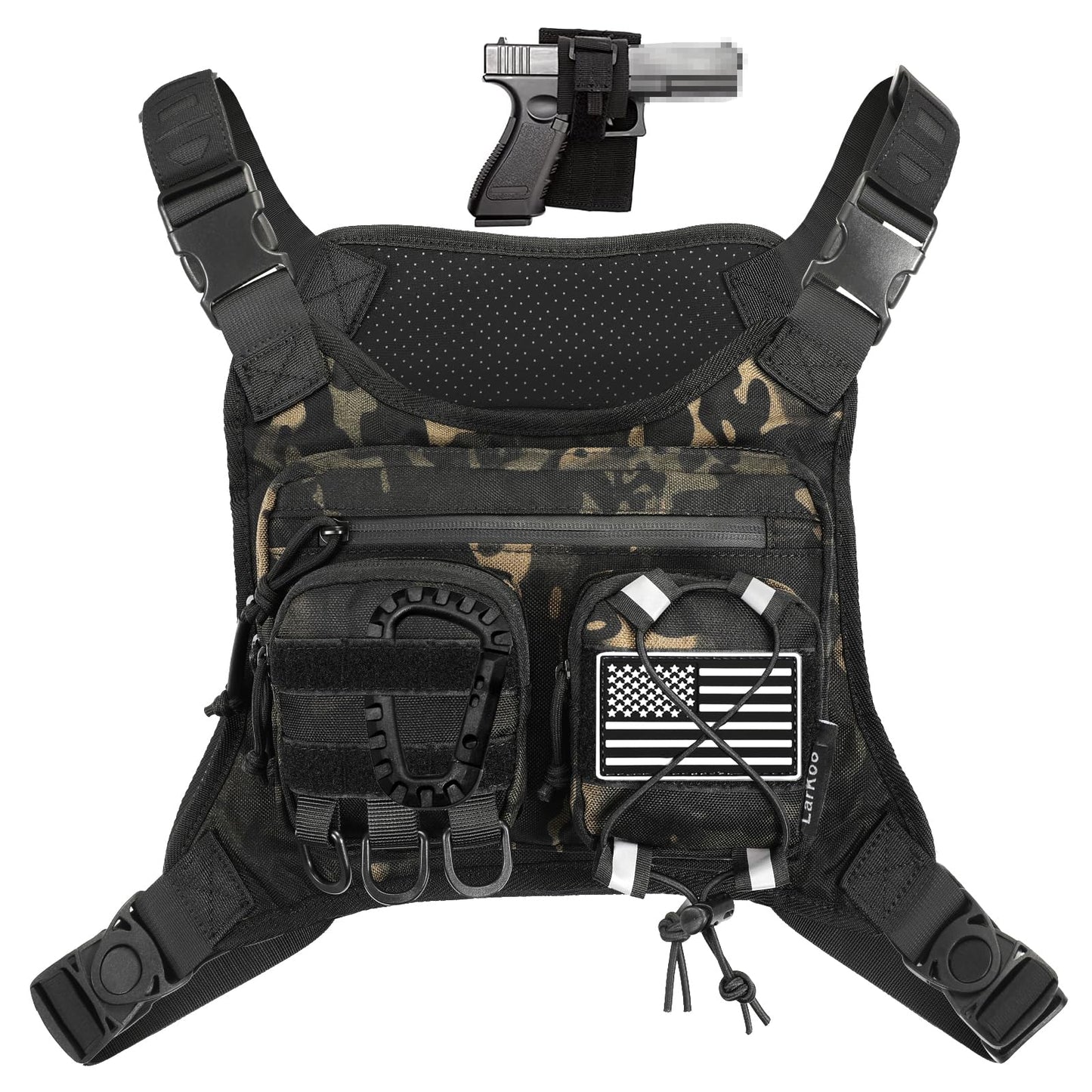 LarKoo Sports Chest Bag for Men & Women EDC Pouch Bag Chest Vest Holster Fits Most Pistols, Adjustable IFAK Travel Chest Pack for Running, Hiking, Workouts… (ACU Black)