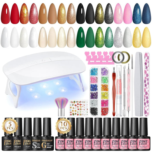 33PCs Gel Nail Polish Kit with U V Light 10 Colors Red Green Pink Gold Silver Sparkle Gel Polish Kit with 5Pcs Glitter/Matte/Glossy Top Base Coat Nail Rhinestones Stickers Manicure Gifts for Women