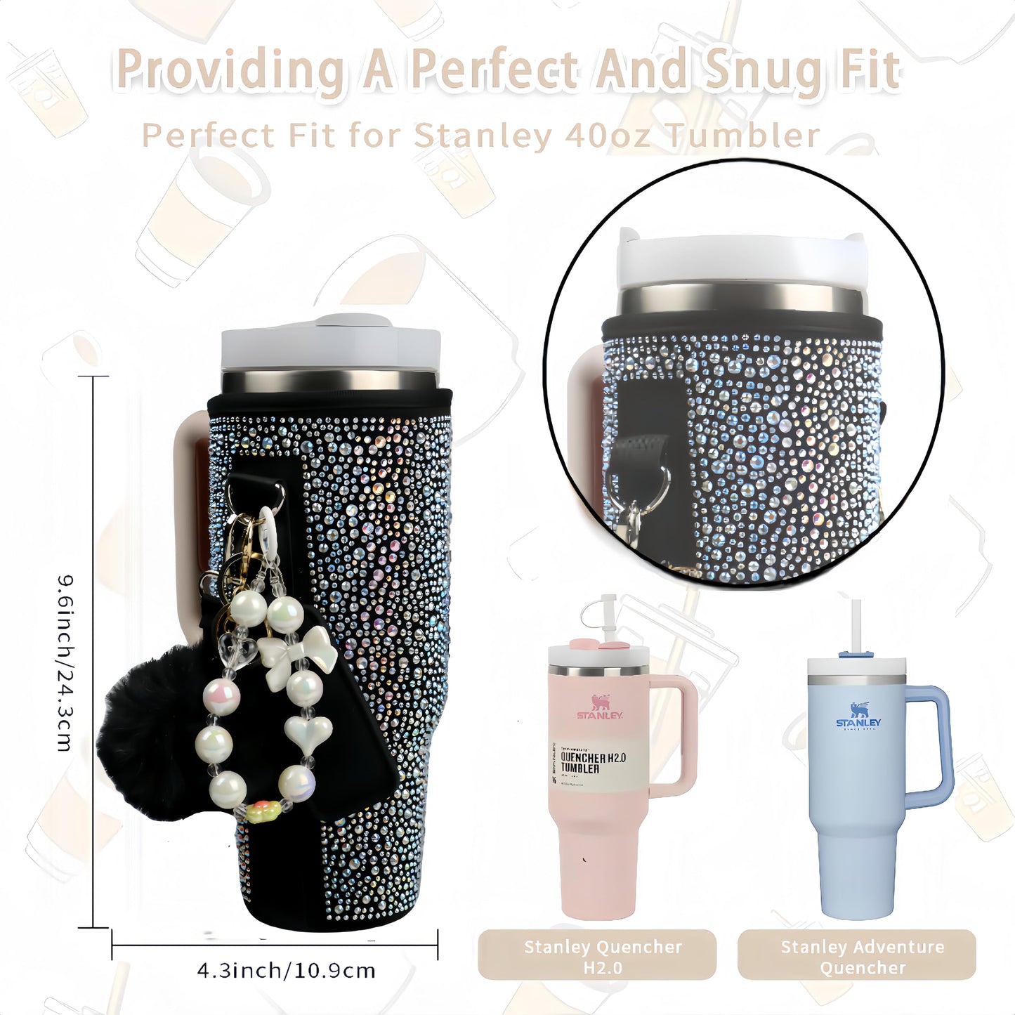 Water Bottle Carrier Bag for Stanley 41oz Tumbler - Stanley Cup Belt Bag with Adjustable Strap, Straw Cover & Pompom Keychains - Stanley Cup Accessories (Black Diamond)