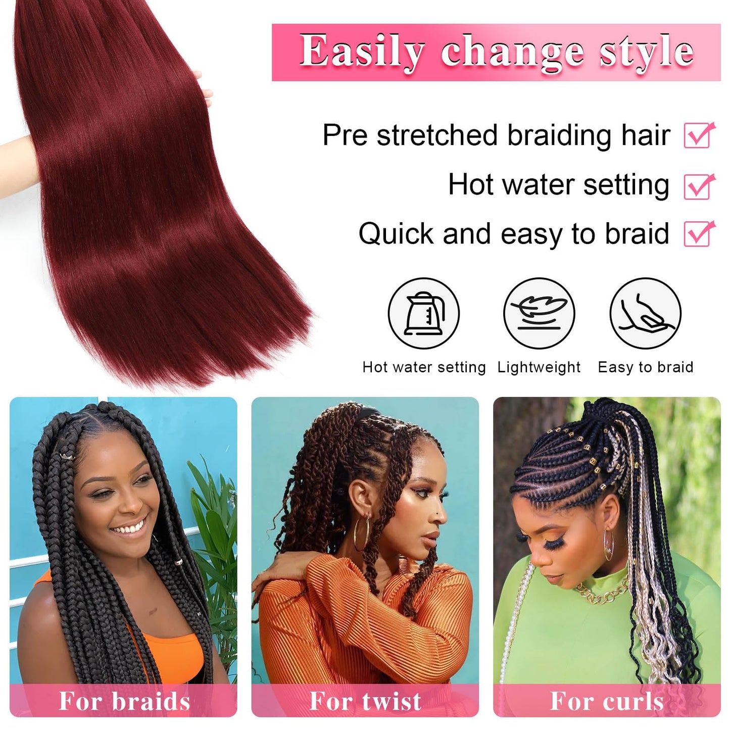 530 Braiding Hair Pre Stretched 26 Inch 2 Packs 530 Braid Hair Professional Prestretched Braiding Hair Extensions for Box Braids(530#, 2 Packs, 26 Inch)