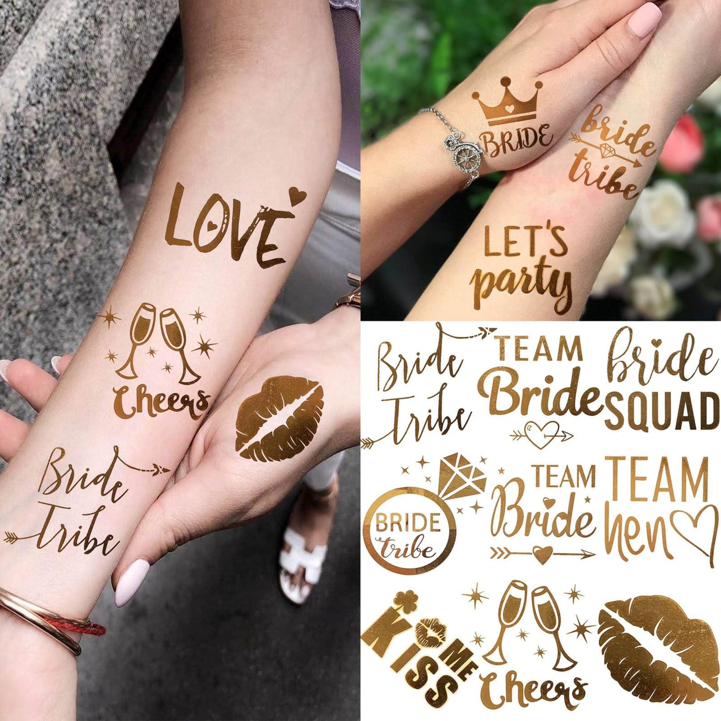 16 PCS Wedding Cheers Bachelorette Temporary Tattoos For Women Men Adults, Flash Glitter Gold Metallic Tattoos Girls Bachelor Party Favor Supplies Decoration, Bulk Bridesmaid Team Bride Tribe Love