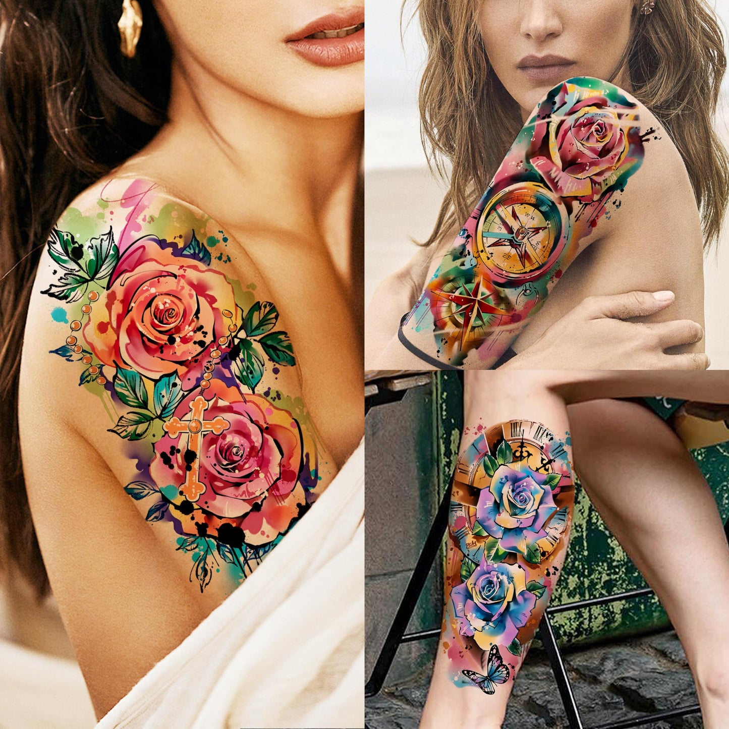 FANRUI 65 Sheets Watercolor Peony Rose Floral Temporary Tattoos For Women Arm Shoulder, Groovy Compass Flower Fake Tattoo Owl Blue Tribal Eye Skull Tiger, Long Lasting Tatoos Sleeve Angel Girls Adults