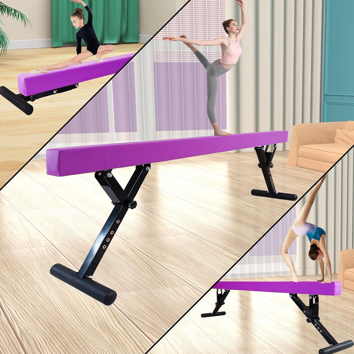 Seliyoo Adjustable Balance Beam Gymnastics Beam high and Low Floor Beam for Kids Home Training,Competition Gymnastic Equipment for All Skills with Weight Limit 500 LBS (Hot Purple, 7"-29")