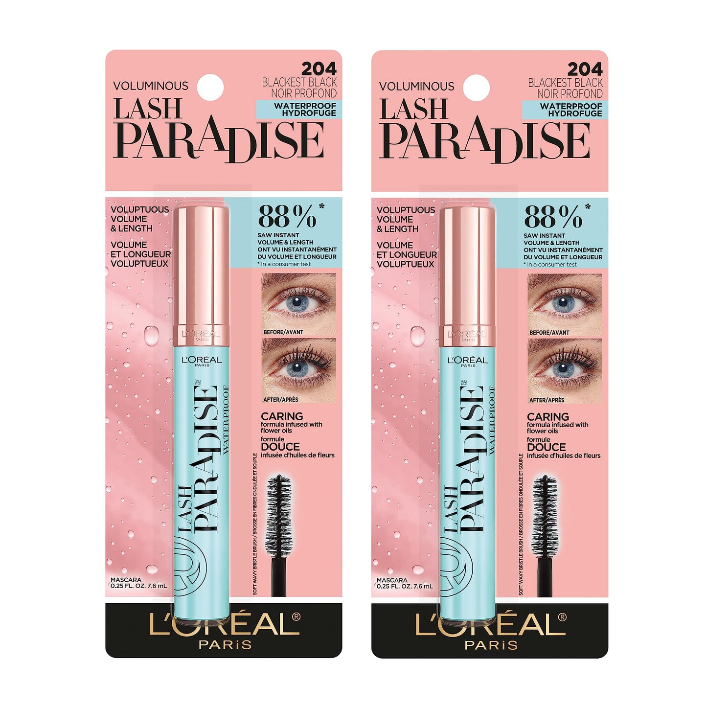 L’Oréal Paris Voluminous Makeup Lash Paradise Waterproof Mascara, Voluptuous Volume, Intense Length, Feathery Soft Full Lashes, No Smudging, No Clumping, Black, 0.25 Fl Oz (Pack of 2)