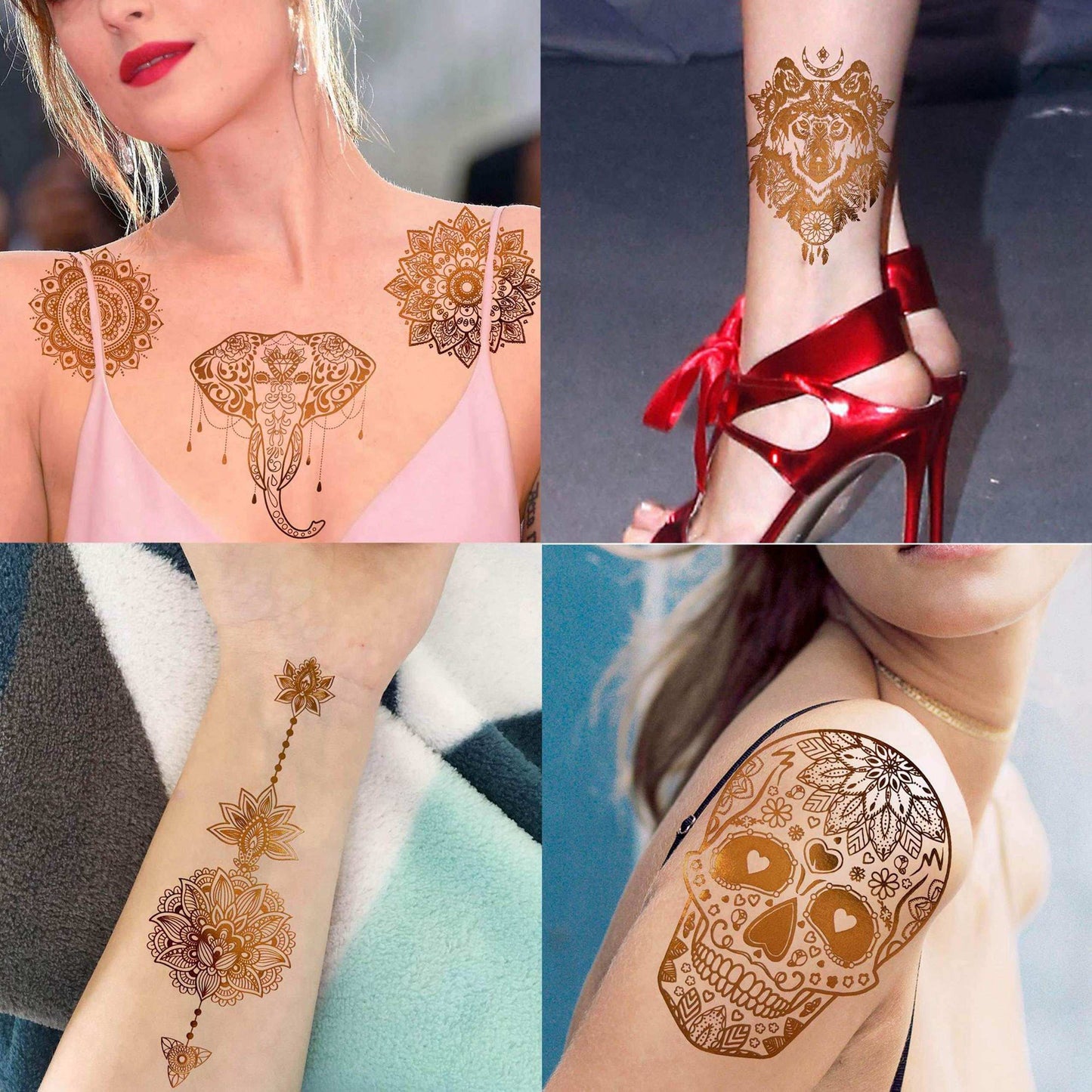 9 Sheets 99+ Design Flash Gold Metallic Temporary Tattoos For Women Adults, Glitter Bohemia Fake Tattoo Stickers Indian Tribal Elephant 3D Wolf Lion Snake Mandala Flower, Golden Butterfly Tattoos