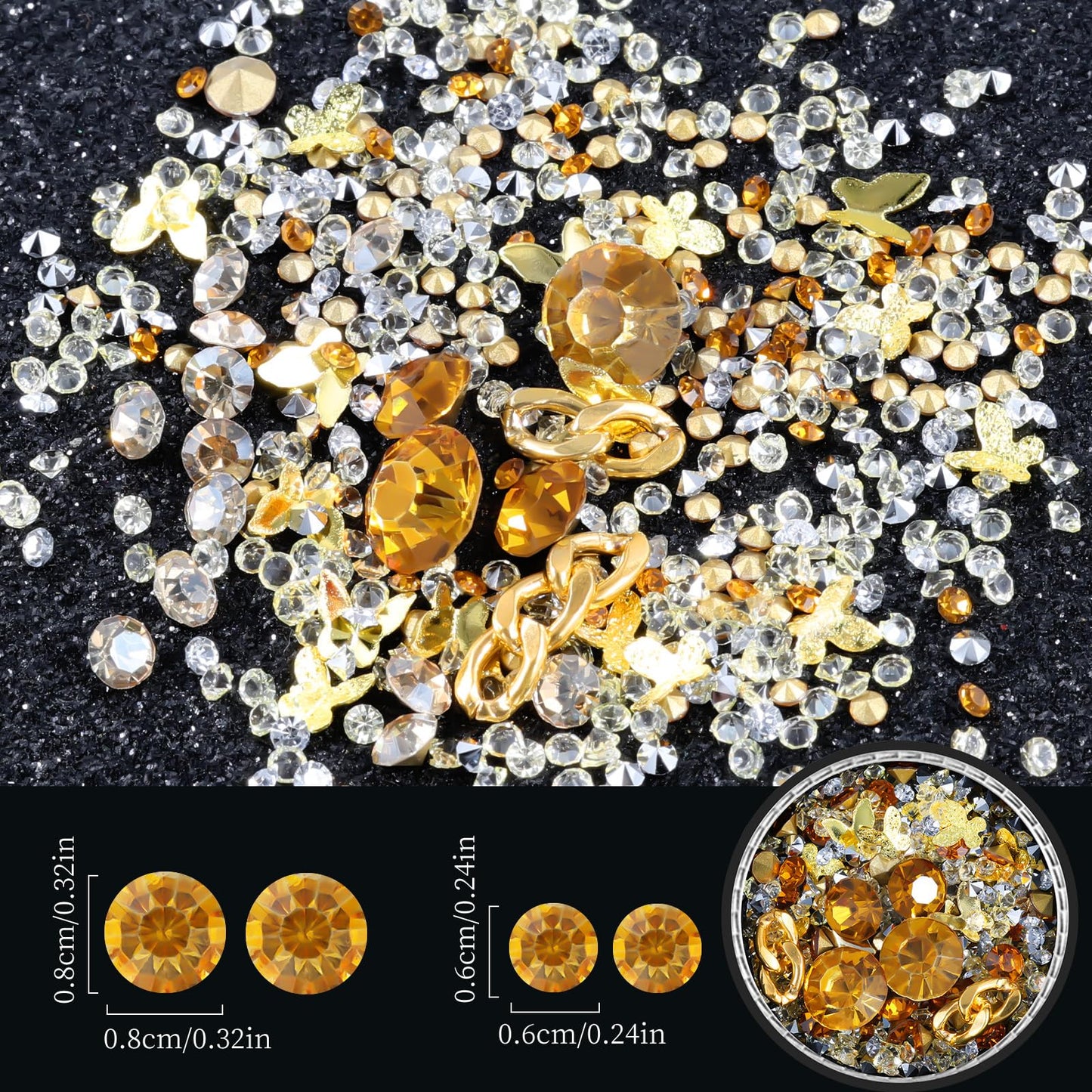 6 Wheels Mixed Sparkle Nail Art Rhinestones Diamonds Crystals Butterfly Beads Artificial Pearls Gold Silver Nail Studs Gems Metal Hollow Rivets Charms (Yellow)
