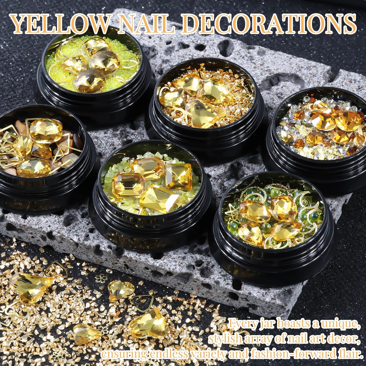 6 Wheels Mixed Sparkle Nail Art Rhinestones Diamonds Crystals Butterfly Beads Artificial Pearls Gold Silver Nail Studs Gems Metal Hollow Rivets Charms (Yellow)