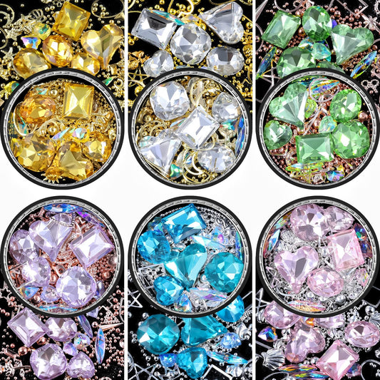 6 Wheels Mixed Sparkle Nail Art Rhinestones Diamonds Crystals Butterfly Beads Artificial Pearls Gold Silver Nail Studs Gems Metal Hollow Rivets Charms (Kit-5)