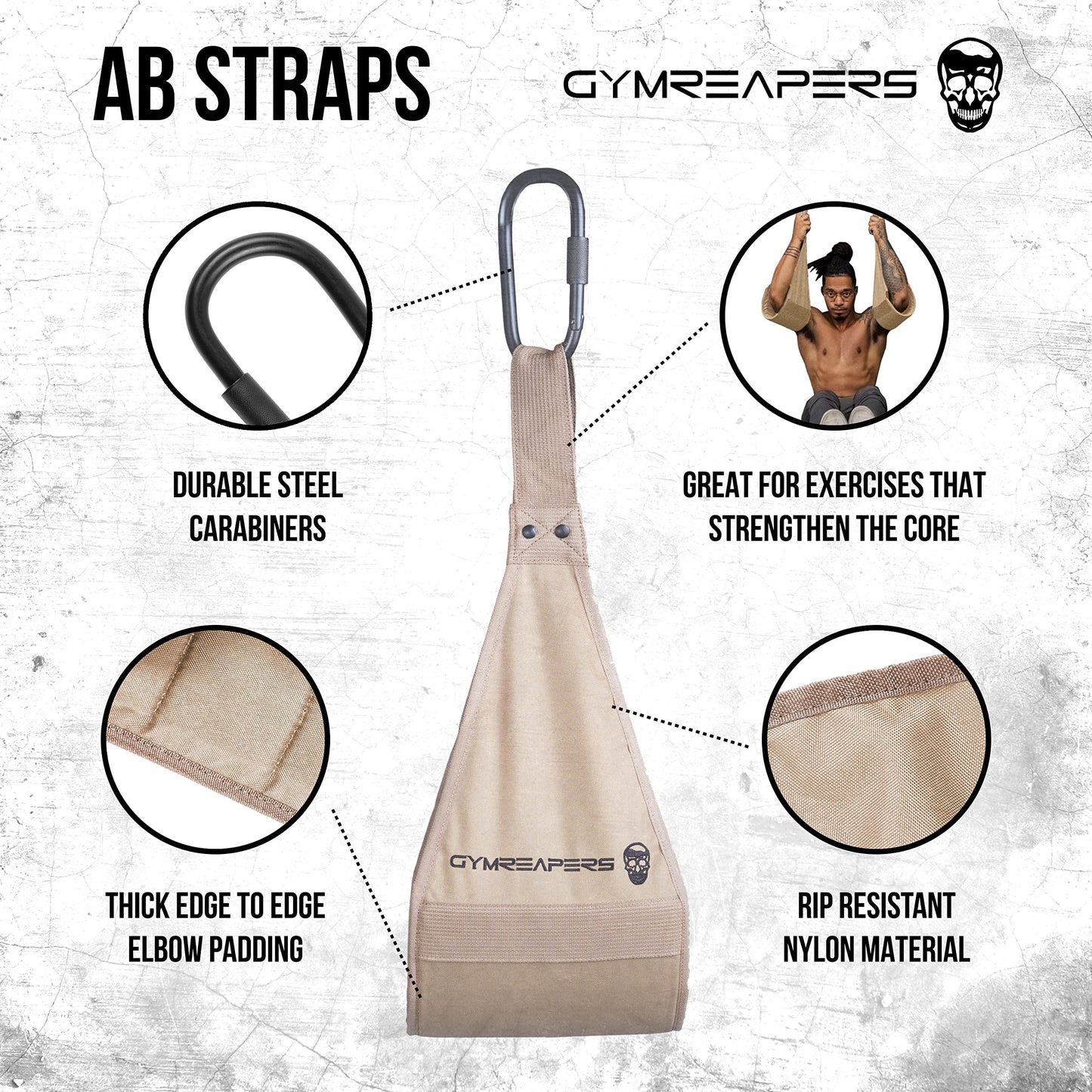 Gymreapers Hanging Ab Straps For Core Strength and Abdominal Training - Padded Adjustable Arm Supports For Bodyweight Exercises (Tan)