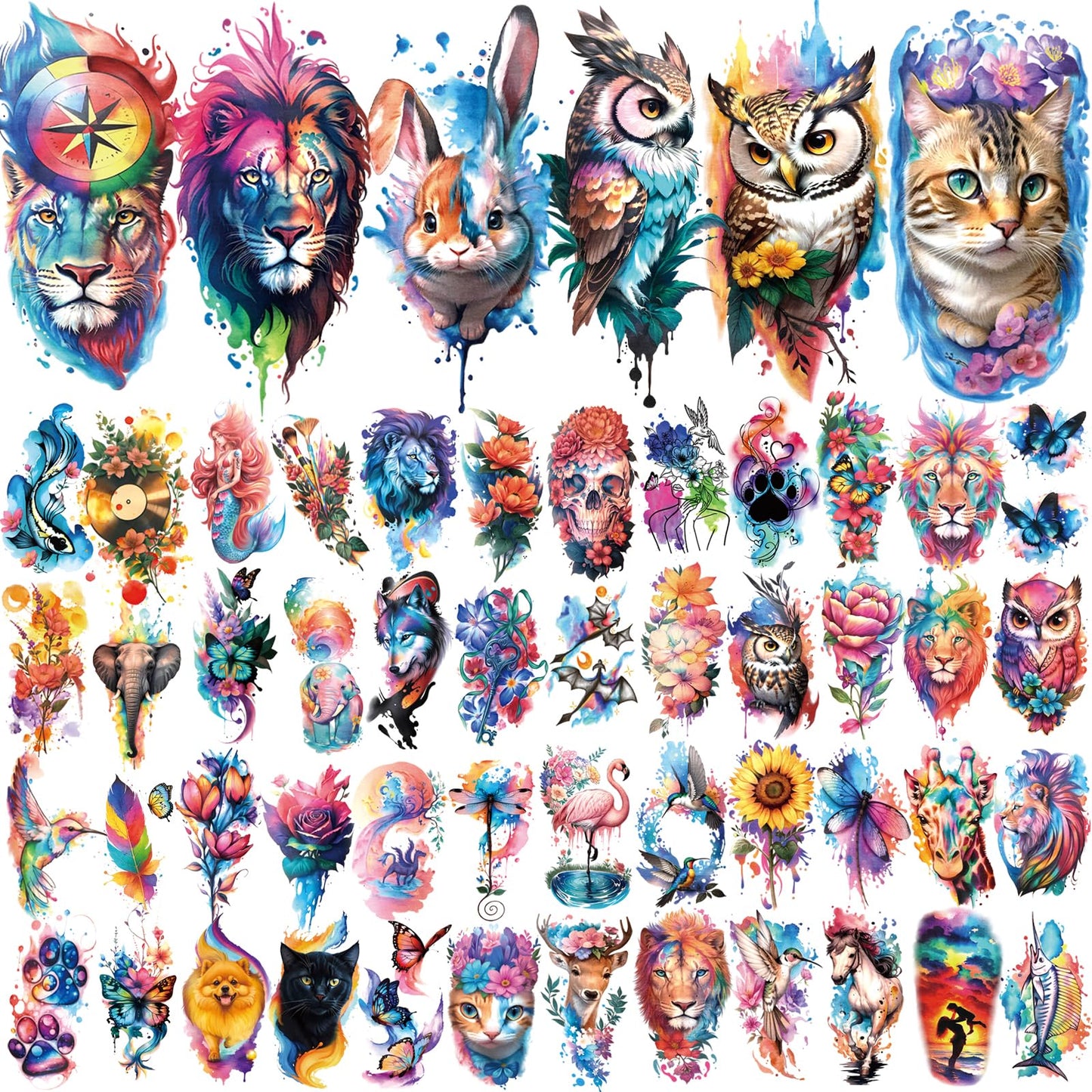 77 Sheets Temporary Tattoo, 17 Sheets Half Arm Flower Lion Tiger Cat Owl Parrot Fake Tattoos for Adults Shoulder Neck, 60 Sheets Tiny Waterproof Temporary Tattoos Realistic for Women Girls and Kids
