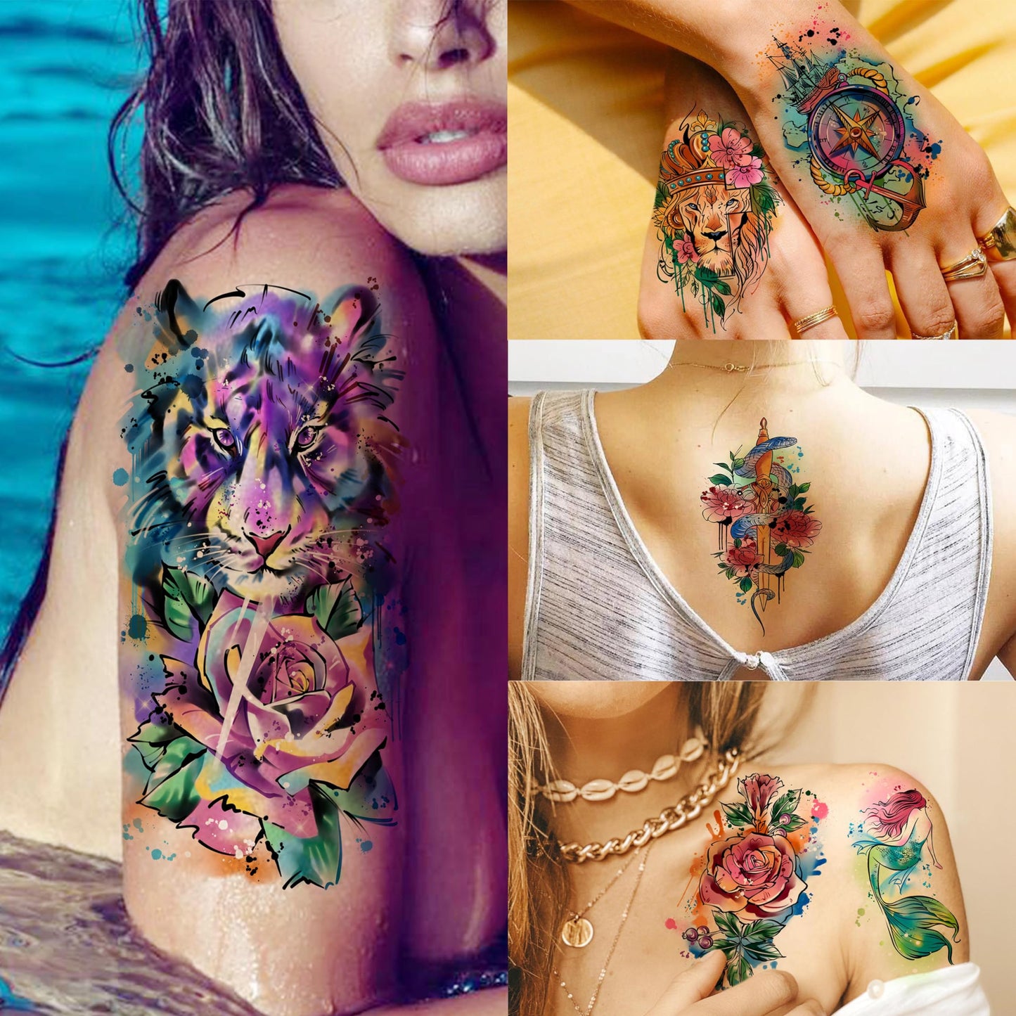 FANRUI 65 Sheets Watercolor Peony Rose Floral Temporary Tattoos For Women Arm Shoulder, Groovy Compass Flower Fake Tattoo Owl Blue Tribal Eye Skull Tiger, Long Lasting Tatoos Sleeve Angel Girls Adults