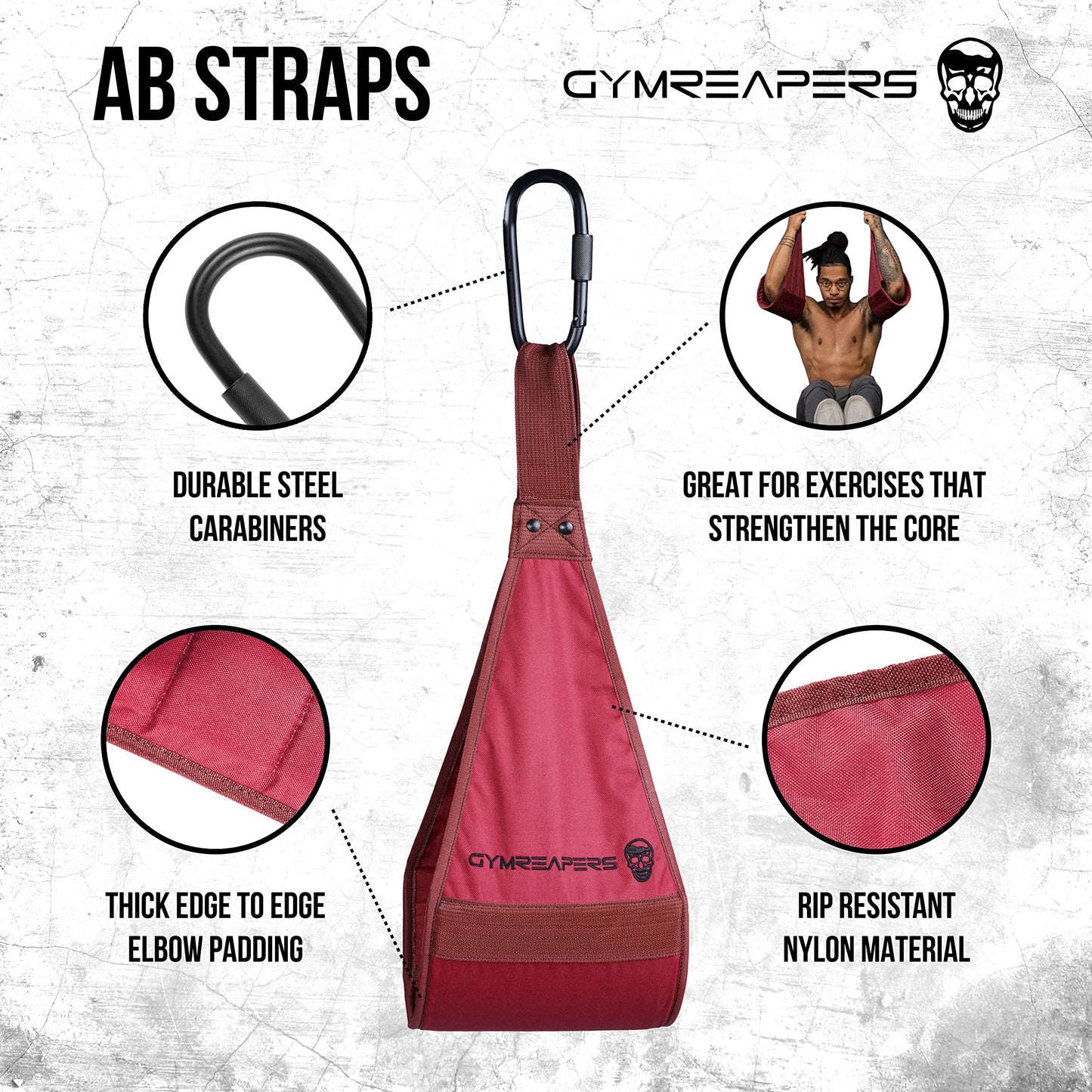Gymreapers Hanging Ab Straps For Core Strength and Abdominal Training - Padded Adjustable Arm Supports For Bodyweight Exercises (Red)