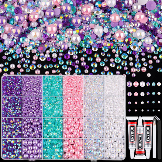9000PCS Flatback Pearls and Rhinestones for Crafting, Pink Purple 3-10mm Resin Rhinestones and Half Pearls for Bedazzling, Nail Art and Dec with 3pcs B7000 Jewelry Glue, Tweezer and Pickup Pencil