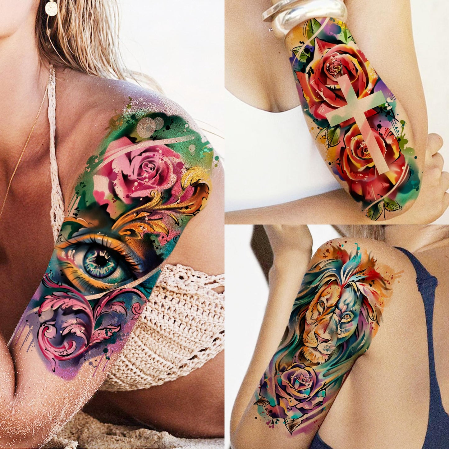 FANRUI 65 Sheets Watercolor Peony Rose Floral Temporary Tattoos For Women Arm Shoulder, Groovy Compass Flower Fake Tattoo Owl Blue Tribal Eye Skull Tiger, Long Lasting Tatoos Sleeve Angel Girls Adults