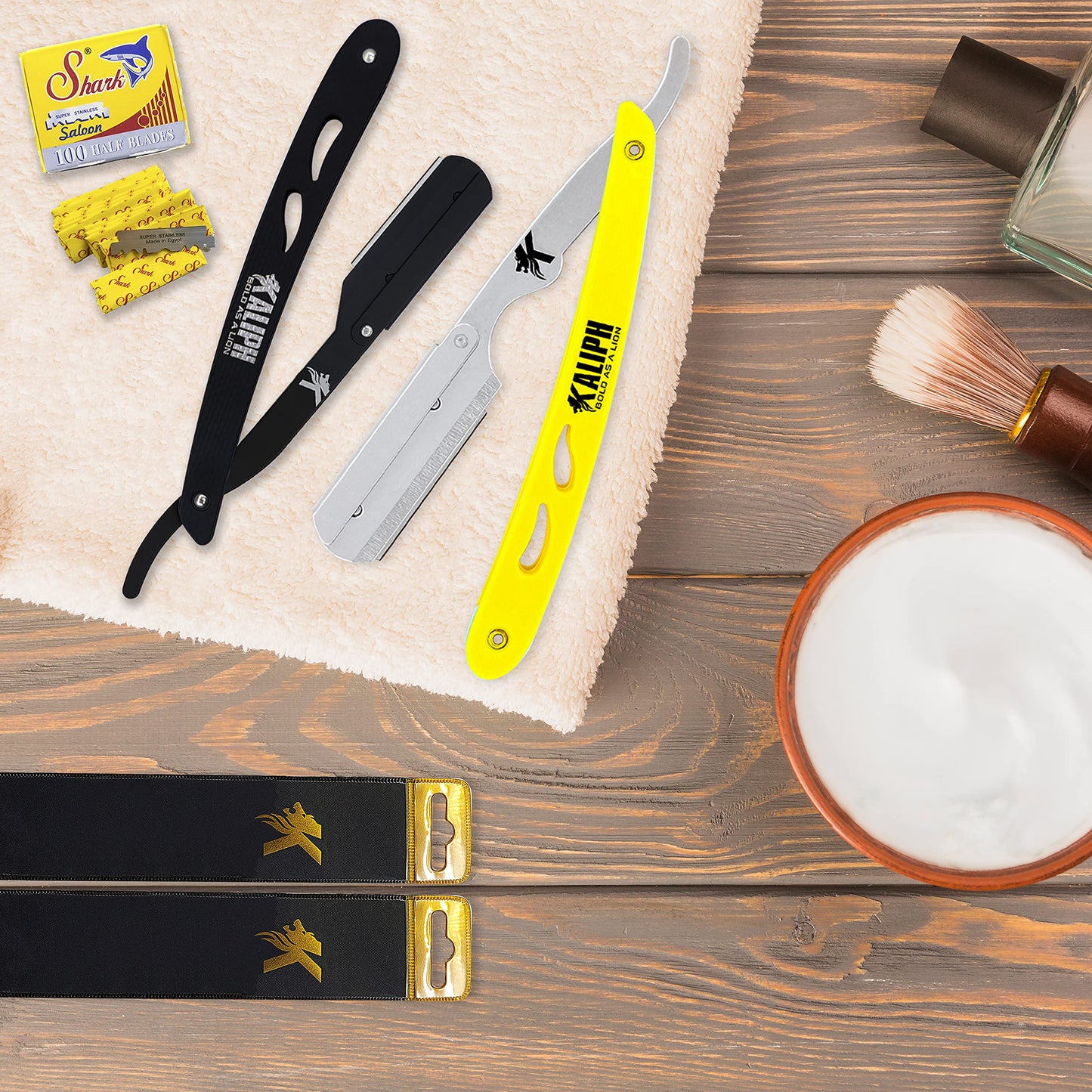 Kaliph Professional Barber Straight Razor For Men - Premium Pack of 2Pcs Shavette Straight Razor With 100 Shaving Blades - Salon Quality Men's Manual Cut Throat Razor For Close Shaving (Black & Yellow