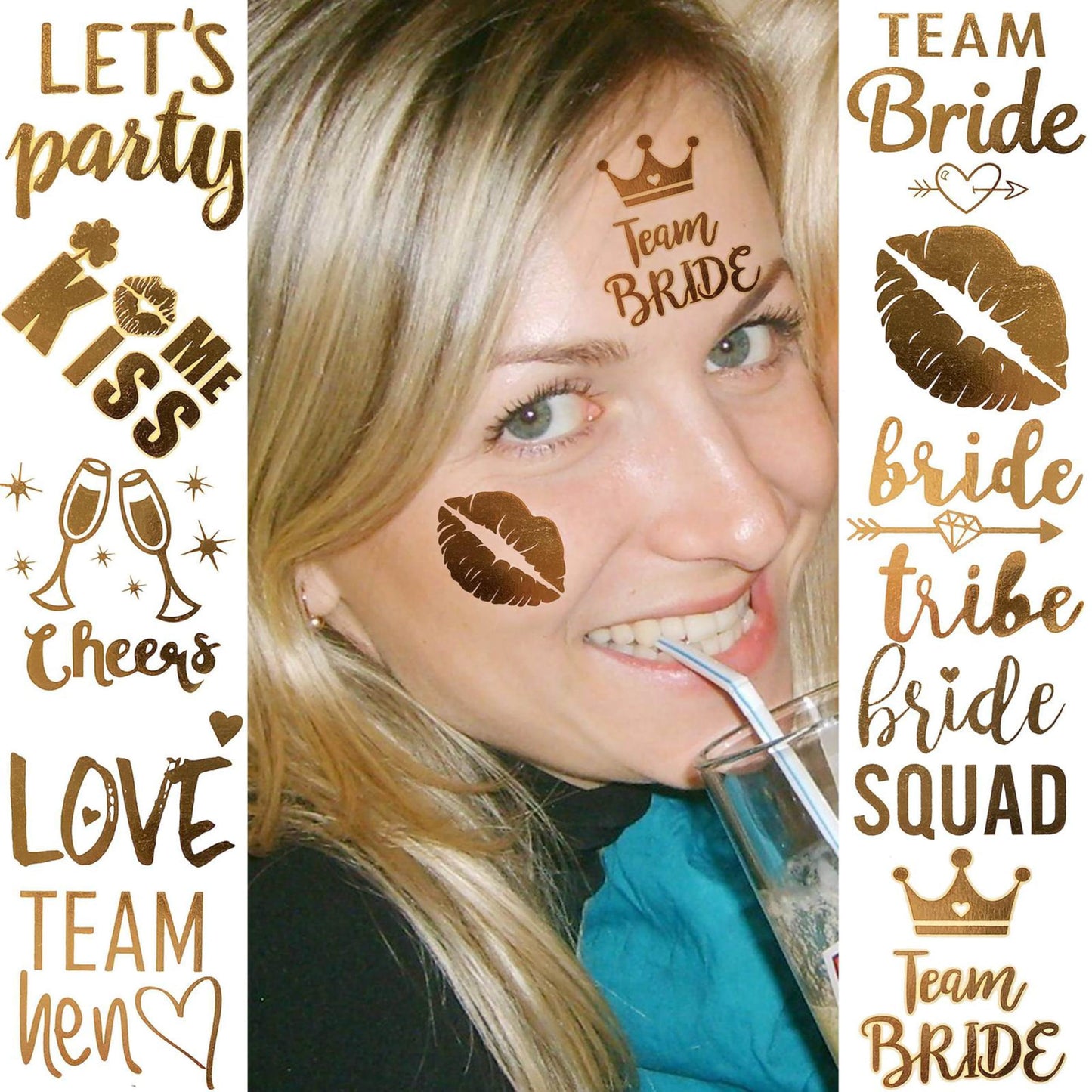 16 PCS Wedding Cheers Bachelorette Temporary Tattoos For Women Men Adults, Flash Glitter Gold Metallic Tattoos Girls Bachelor Party Favor Supplies Decoration, Bulk Bridesmaid Team Bride Tribe Love