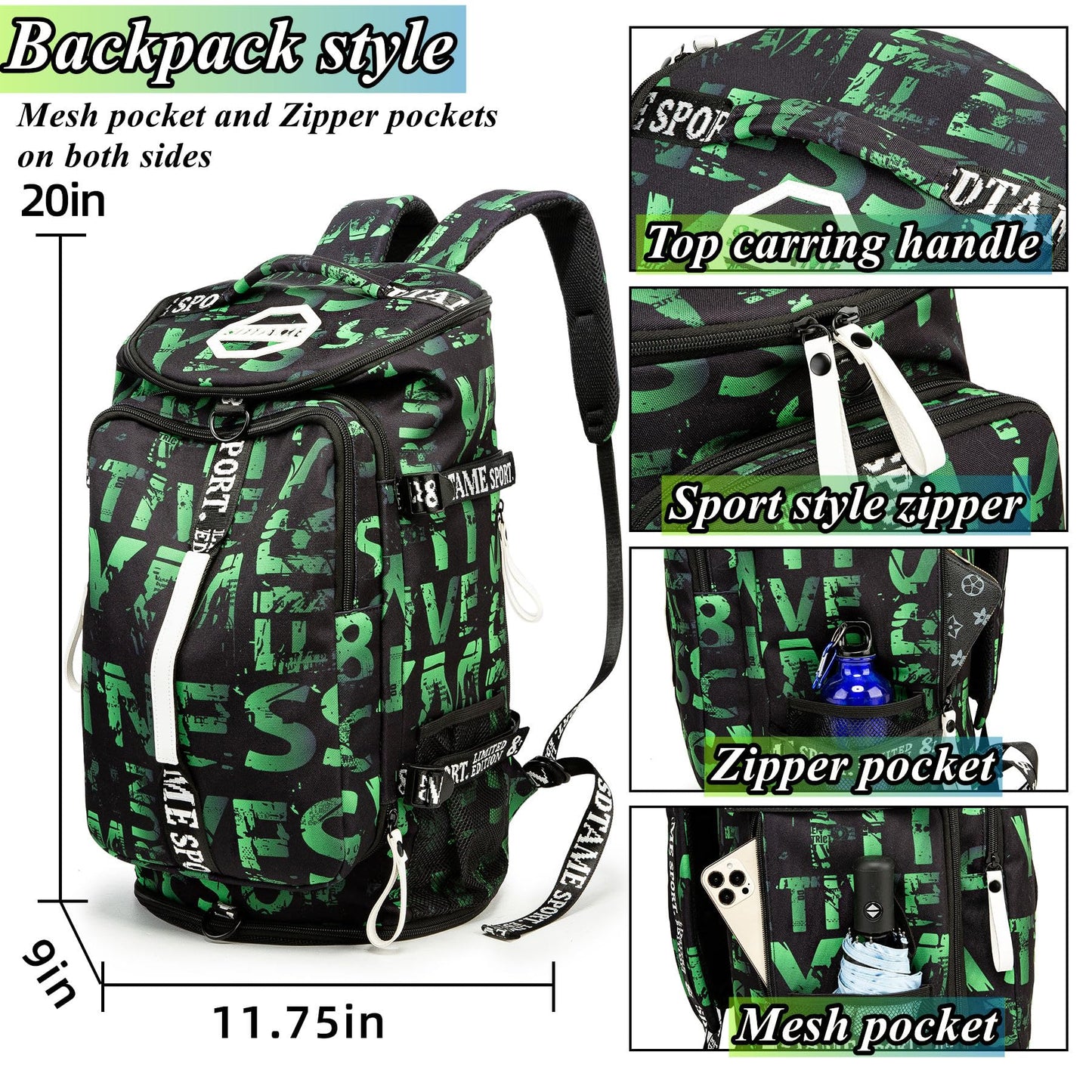 Gym Duffle Bag Backpack with Shoe Compartment,4 ways Travel Backpack for Women and Men,Multi-Functional Weekender bag with Waterproof Layer&Laptop Compartment for Fitness, Travel,Camping(Green)