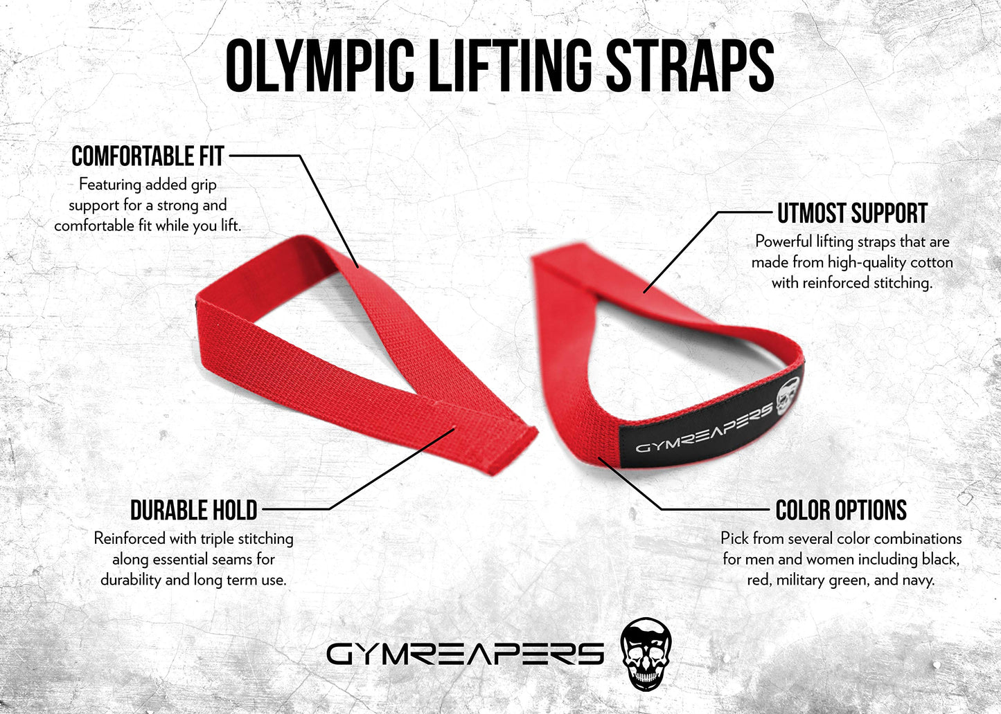 Gymreapers Olympic Lifting Straps for Weightlifting, Snatch, Clean, Powerlifting, Strongman, Deadlifts - Durable Cotton with Reinforced Stitching (Pair) (Red)