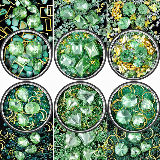6 Wheels Mixed Sparkle Nail Art Rhinestones Diamonds Crystals Butterfly Beads Artificial Pearls Gold Silver Nail Studs Gems Metal Hollow Rivets Charms (Grass Green)