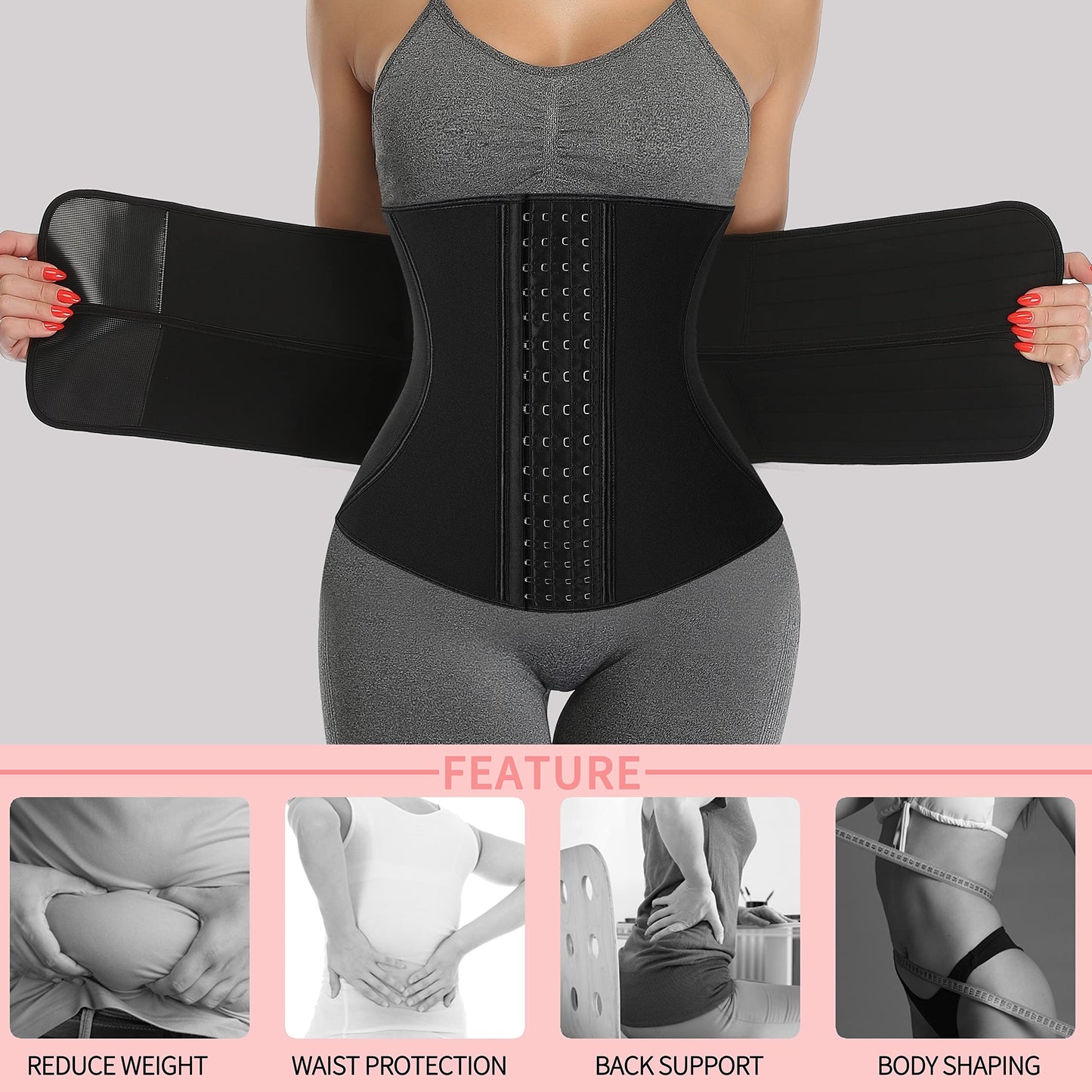 KIWI RATA Neoprene Sauna Waist Trainer Corset Sweat Belt with 2 Straps for Women C-bones Compression Workout Fitness Double Trimmer Belts,#3 Hooks Black,Large