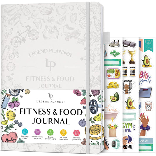 Legend Fitness & Food Journal – Nutrition & Workout Planner with Exercise Calendar & Nutrient Tracker – Gym Training & Diet Log Book for Women & Men – Lasts 3 Months, 7.5”x10” (White)