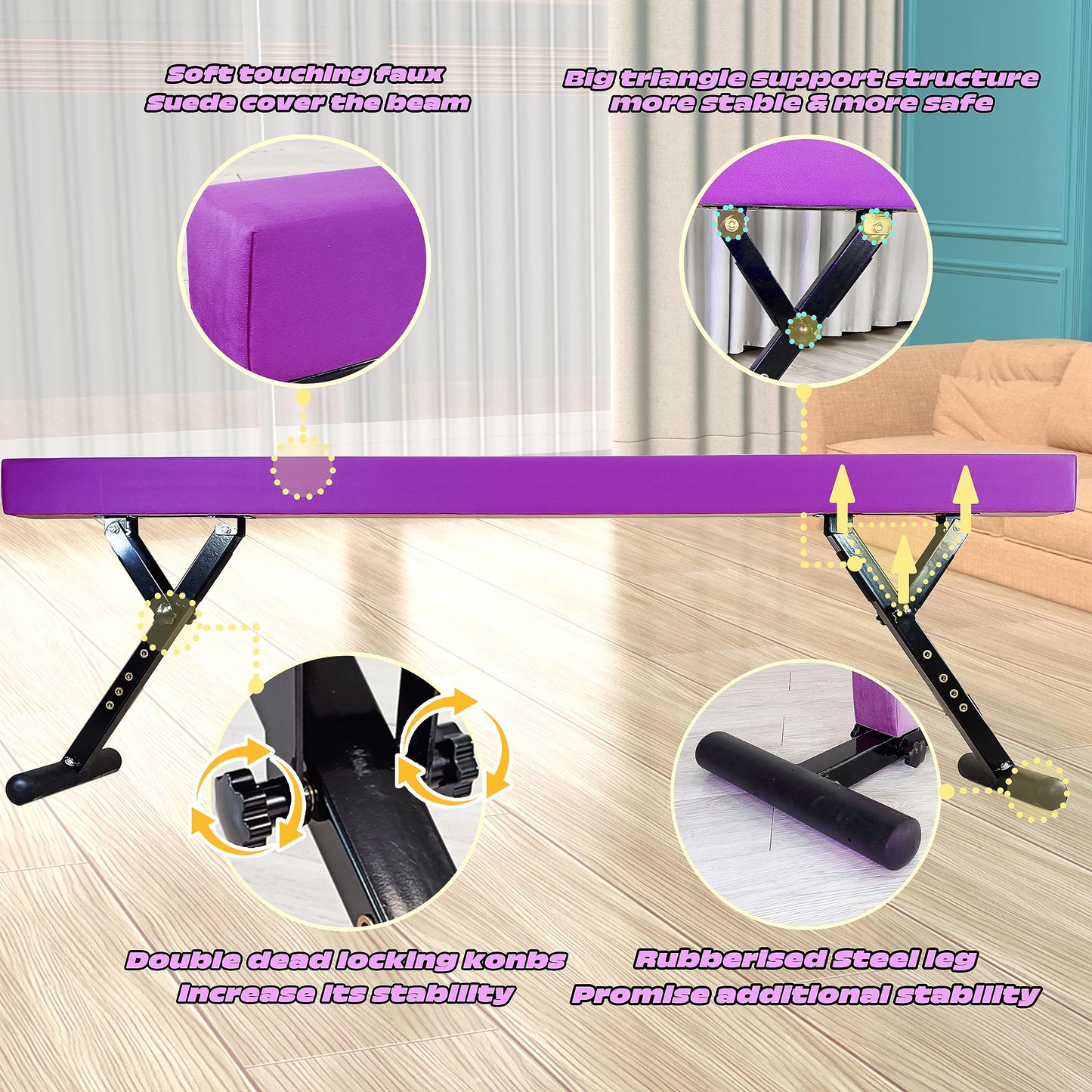 Seliyoo Adjustable Balance Beam Gymnastics Beam high and Low Floor Beam for Kids Home Training,Competition Gymnastic Equipment for All Skills with Weight Limit 500 LBS (Hot Purple, 7"-29")