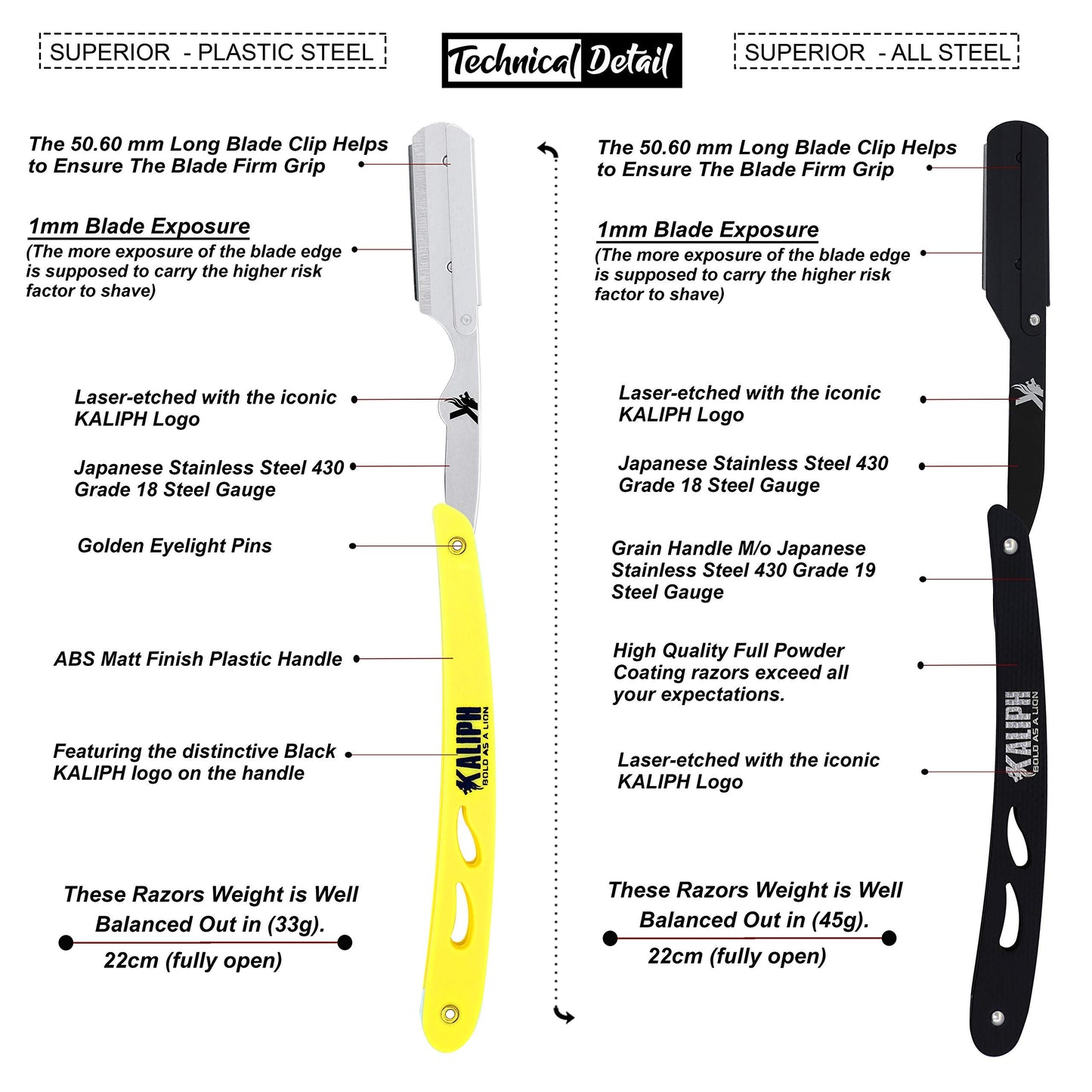 Kaliph Professional Barber Straight Razor For Men - Premium Pack of 2Pcs Shavette Straight Razor With 100 Shaving Blades - Salon Quality Men's Manual Cut Throat Razor For Close Shaving (Black & Yellow