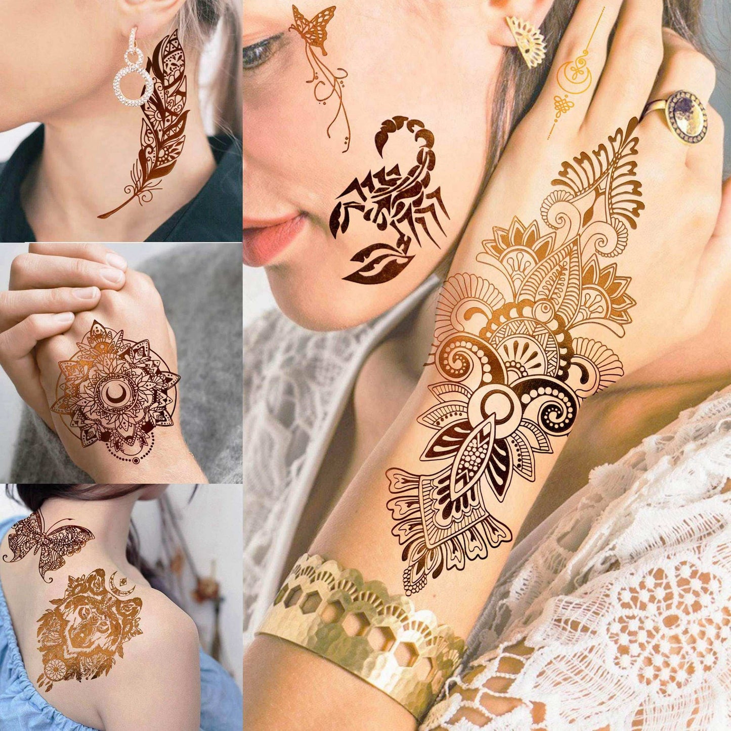 9 Sheets 99+ Design Flash Gold Metallic Temporary Tattoos For Women Adults, Glitter Bohemia Fake Tattoo Stickers Indian Tribal Elephant 3D Wolf Lion Snake Mandala Flower, Golden Butterfly Tattoos