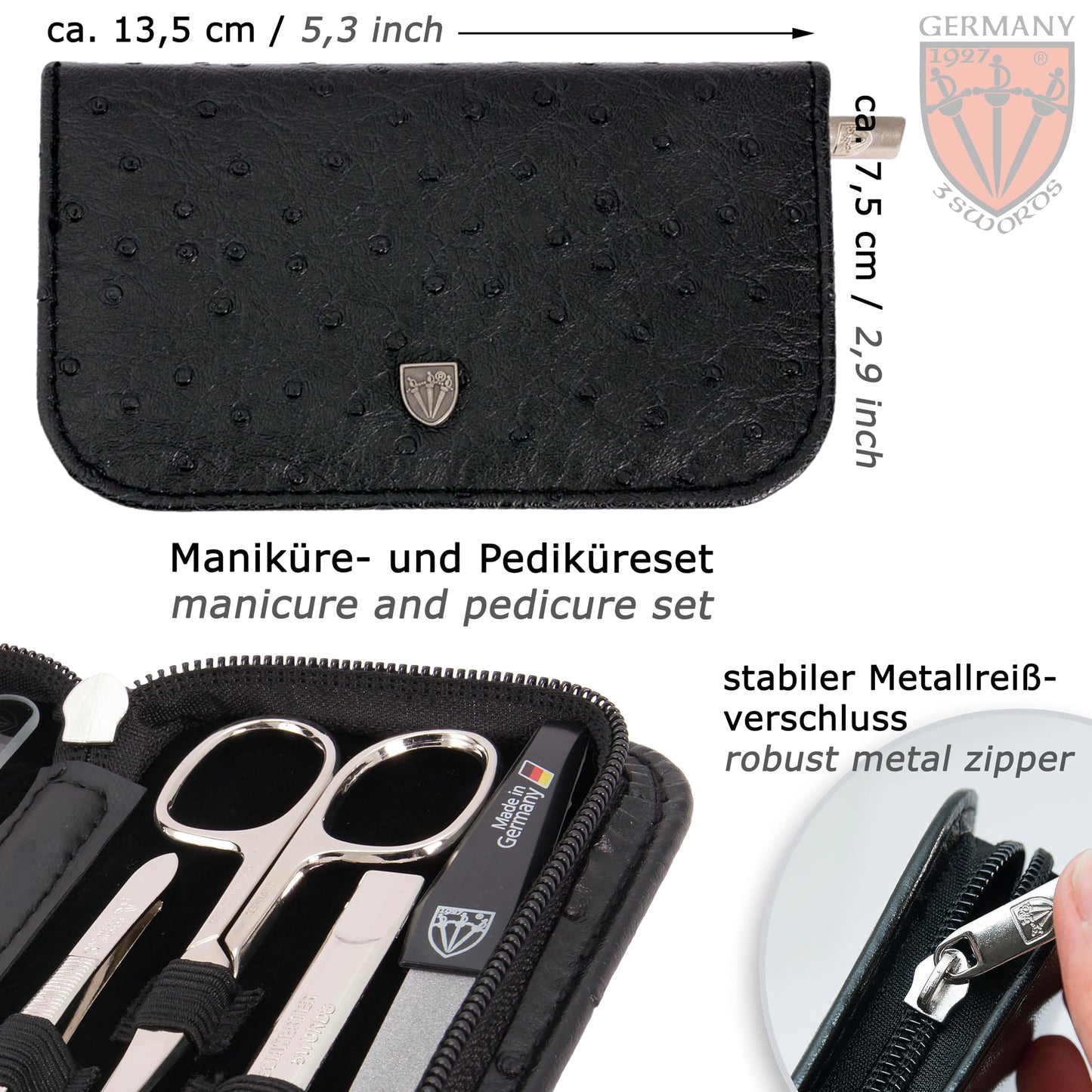 3 Swords Germany - brand quality 8 piece manicure pedicure grooming kit set for professional finger & toe nail care scissors clipper fashion leather case in gift box, Made in Solingen Germany (22009)