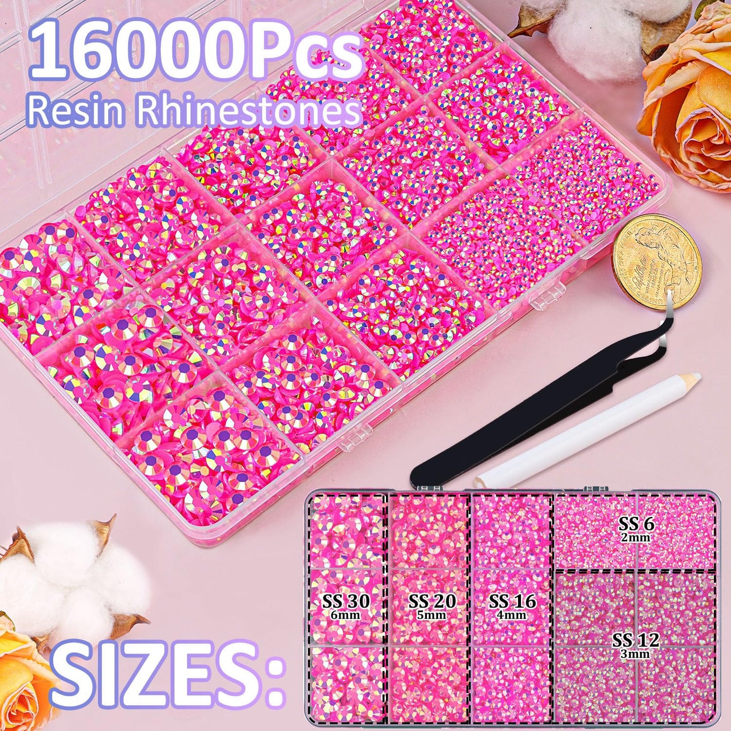 16000Pcs Resin Jelly Rhinestones with Tweezers for Crafting, Hot Pink AB 2-6mm Mixed Sizes Flatback Gems, Bedazzling Crystal for DIY Crafts Clothing Tumblers Mugs Shoes Fabric Nail Art