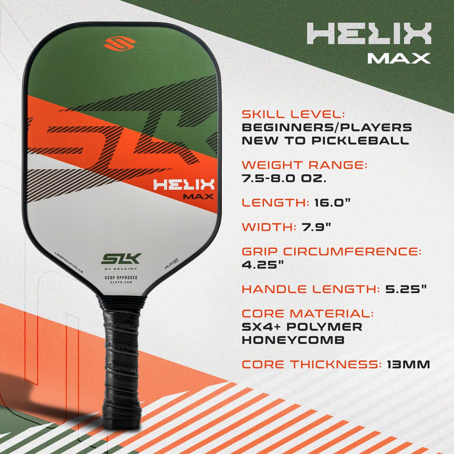 2024 SLK Helix Pro Pickleball Paddle | Carbon Fiber & Fiberglass Hybrid Face | Thermoformed Carbon Fiber Core | Unmatched Control | Legend Olive