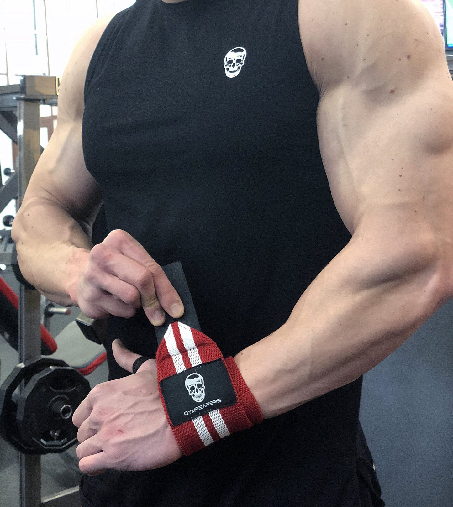 Gymreapers Weightlifting Wrist Wraps (Competition Grade) 18" Professional Quality Wrist Support with Heavy Duty Thumb Loop - Best Wrap for Powerlifting, Strength Training, Bodybuilding(Red/White,18")