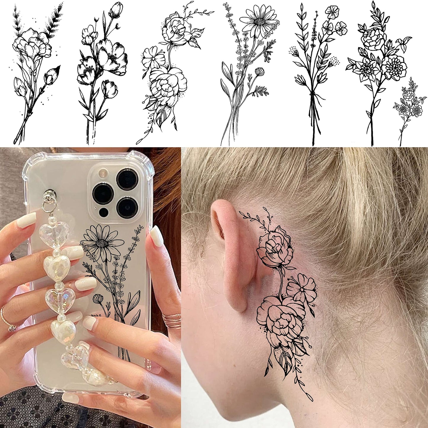 19 Sheets Sexy Realistic Black Flower Bouquet Temporary Tattoos For Women Girls Adults Arm Hand Neck Tatoos Set, Waterproof Small Fake Lavender Sunflower Floral Tattoo Stickers Tiny Branch Tattoo Kit