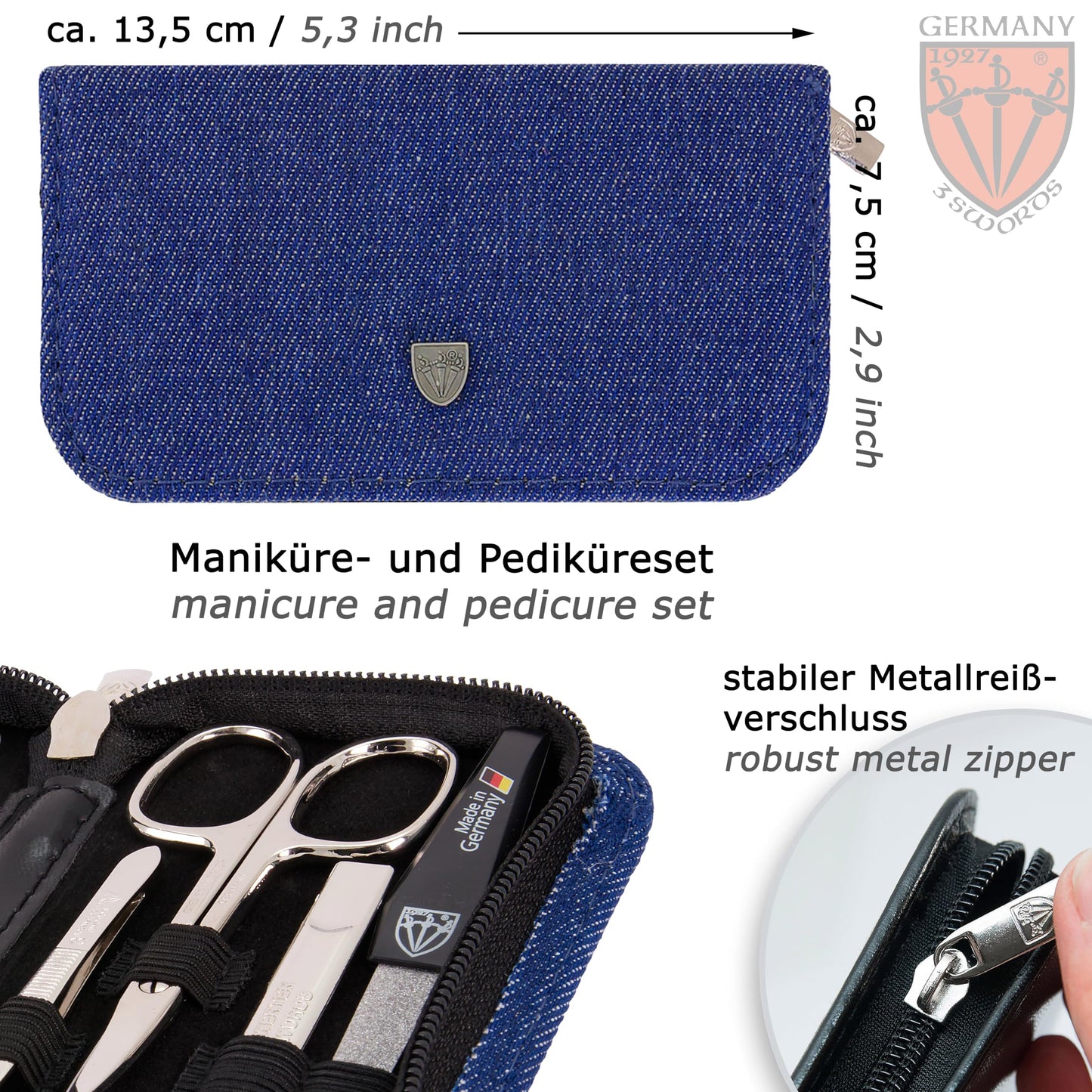 3 Swords Germany - brand quality 8 piece manicure pedicure grooming kit set textil case jeans blue - Made in Germany