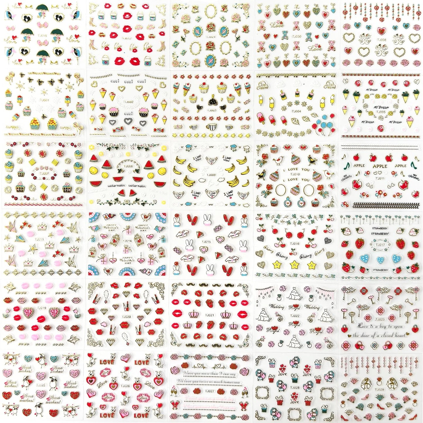 30 Sheets Valentine's Day Nail Art Stickers Red Heart Nail Decals 3D Self-Adhesive Rose Lip Kiss Nail Supplies DIY Acrylic Nails Decoration Accessories for Women and Girls