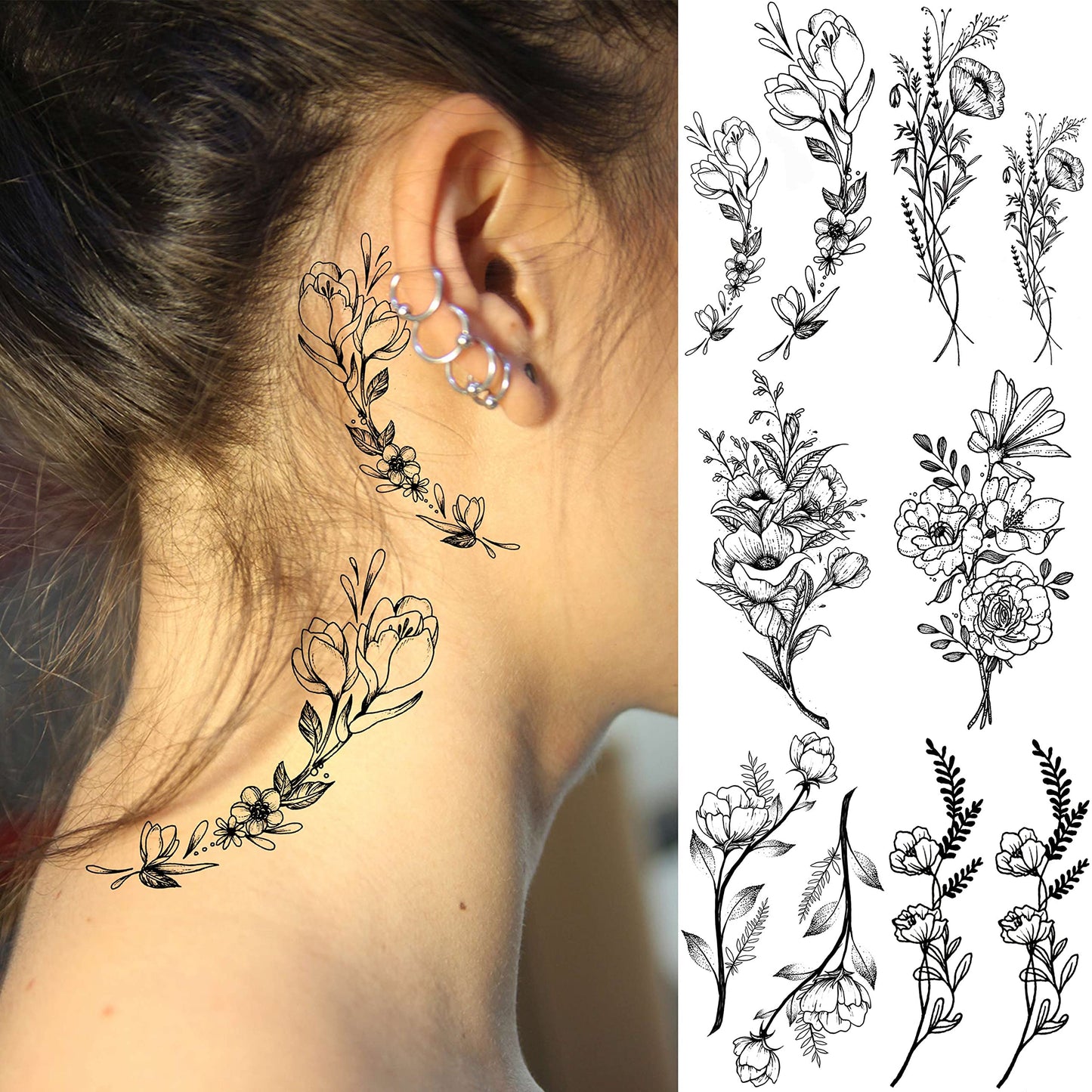 19 Sheets Sexy Realistic Black Flower Bouquet Temporary Tattoos For Women Girls Adults Arm Hand Neck Tatoos Set, Waterproof Small Fake Lavender Sunflower Floral Tattoo Stickers Tiny Branch Tattoo Kit