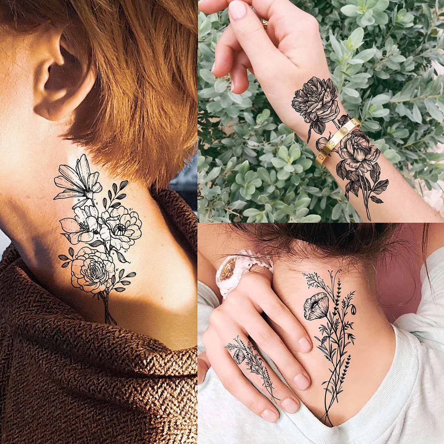 19 Sheets Sexy Realistic Black Flower Bouquet Temporary Tattoos For Women Girls Adults Arm Hand Neck Tatoos Set, Waterproof Small Fake Lavender Sunflower Floral Tattoo Stickers Tiny Branch Tattoo Kit