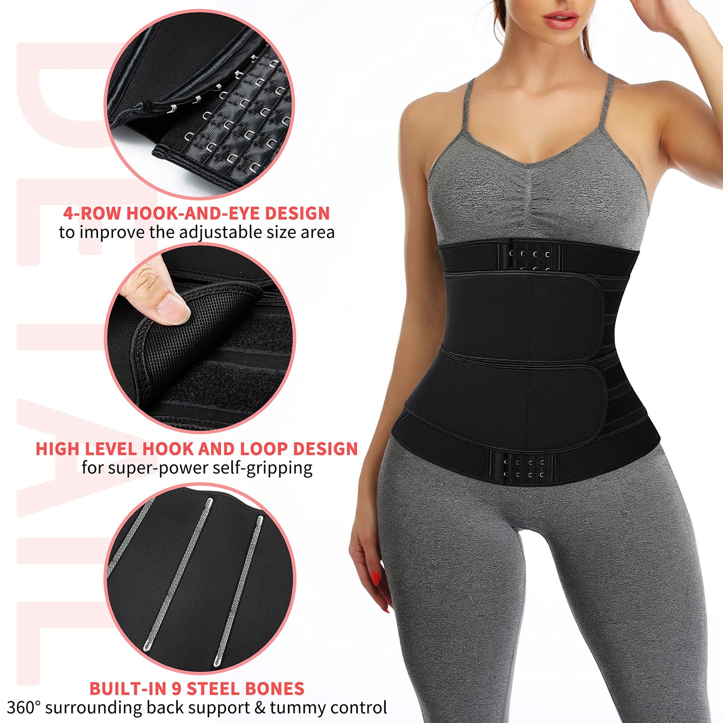 KIWI RATA Neoprene Sauna Waist Trainer Corset Sweat Belt with 2 Straps for Women C-bones Compression Workout Fitness Double Trimmer Belts,#3 Hooks Black,Large