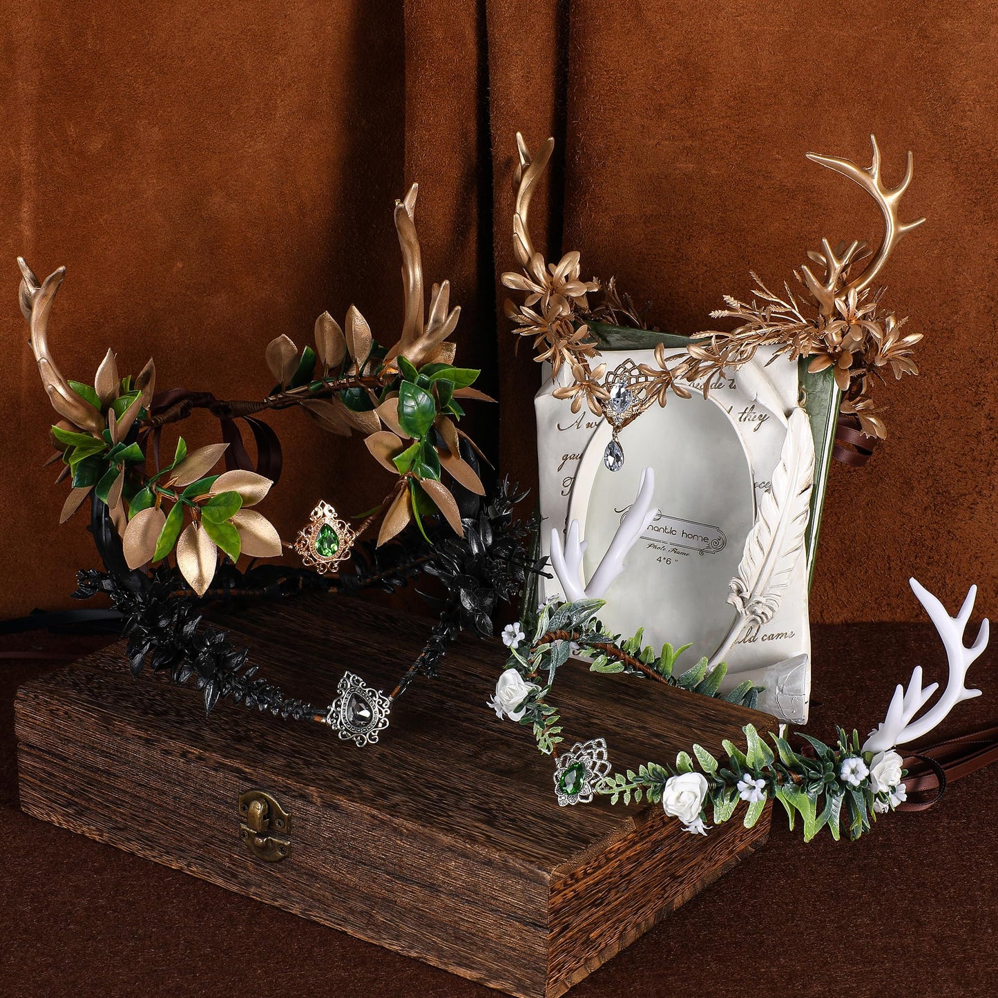 MOSTORY Gold Fairy Antler Crown - Woodland Flower Deer Horns Headpiece Elf Forest Ciecle for Women Renaissance Cosplay Renfaire Outfit Hallween Costume